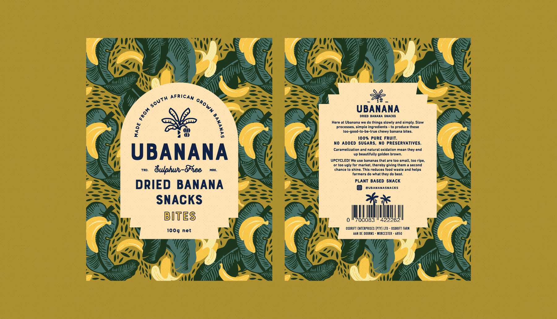 Hugh Fletcher Cox Design, Cape Town, Graphic design, packaging design, typography, illustration, pattern design, Ubanana Dried Banana Snacks