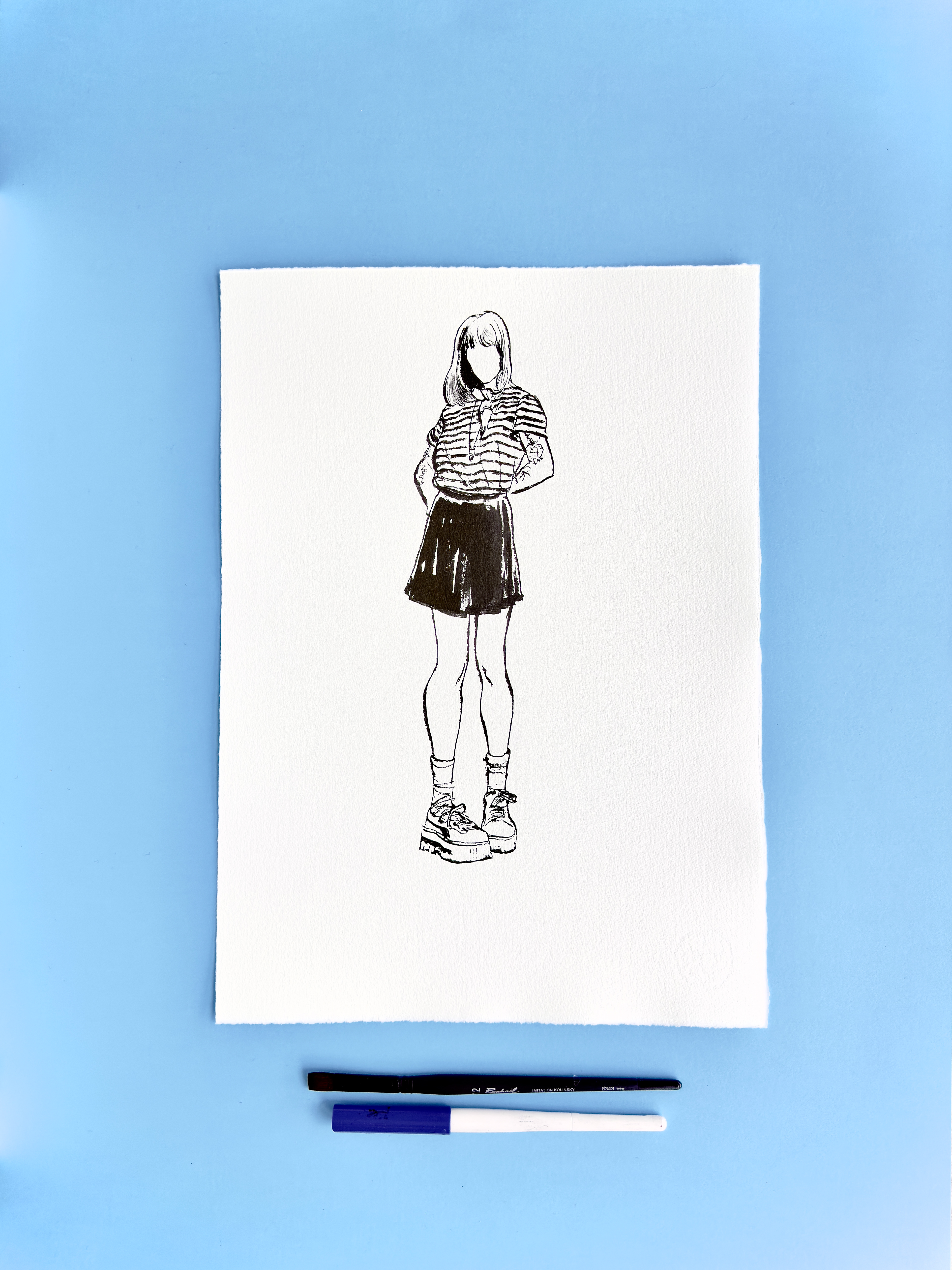 I DRAW YOU is an ongoing series of contemporary figure drawings exploring everyday bodies, fashion, and movement through expressive ink linework on textured cotton paper. Each piece captures real people in natural, unposed moments—walking, skating, taking selfies, or simply inhabiting their clothes—transforming daily gestures into minimal, dynamic portraiture.  Drawn with a combination of brush, parallel pen, and ink, the series focuses on gesture, proportion, and character, emphasising rhythm and immediacy over facial detail. Instead of traditional portrait likeness, the drawings celebrate silhouette, attitude, and personal style, making each figure both intimate and universal.  These original artworks sit at the crossroads of illustration, fashion drawing, and figurative art, making them ideal for collectors interested in line art, contemporary drawing, and minimal ink portraits. Every piece is hand-drawn on archival 250–300g paper, preserving the texture and spontaneity of the process.  Perfect for art lovers looking for unique figure drawings, modern ink artwork, or original works on paper that highlight the beauty of everyday bodies and the immediacy of the drawn line.