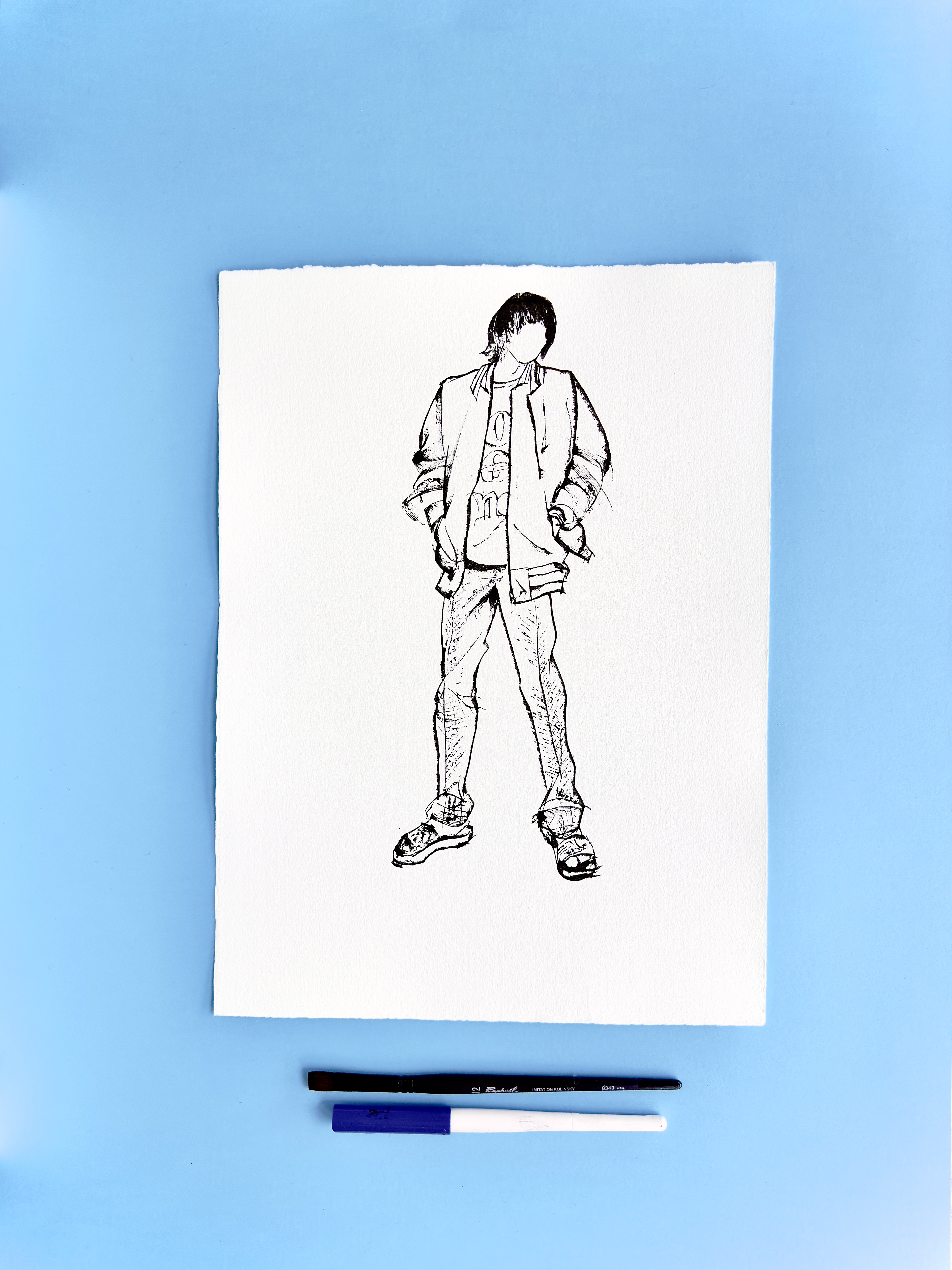 I DRAW YOU is an ongoing series of contemporary figure drawings exploring everyday bodies, fashion, and movement through expressive ink linework on textured cotton paper. Each piece captures real people in natural, unposed moments—walking, skating, taking selfies, or simply inhabiting their clothes—transforming daily gestures into minimal, dynamic portraiture.  Drawn with a combination of brush, parallel pen, and ink, the series focuses on gesture, proportion, and character, emphasising rhythm and immediacy over facial detail. Instead of traditional portrait likeness, the drawings celebrate silhouette, attitude, and personal style, making each figure both intimate and universal.  These original artworks sit at the crossroads of illustration, fashion drawing, and figurative art, making them ideal for collectors interested in line art, contemporary drawing, and minimal ink portraits. Every piece is hand-drawn on archival 250–300g paper, preserving the texture and spontaneity of the process.  Perfect for art lovers looking for unique figure drawings, modern ink artwork, or original works on paper that highlight the beauty of everyday bodies and the immediacy of the drawn line.