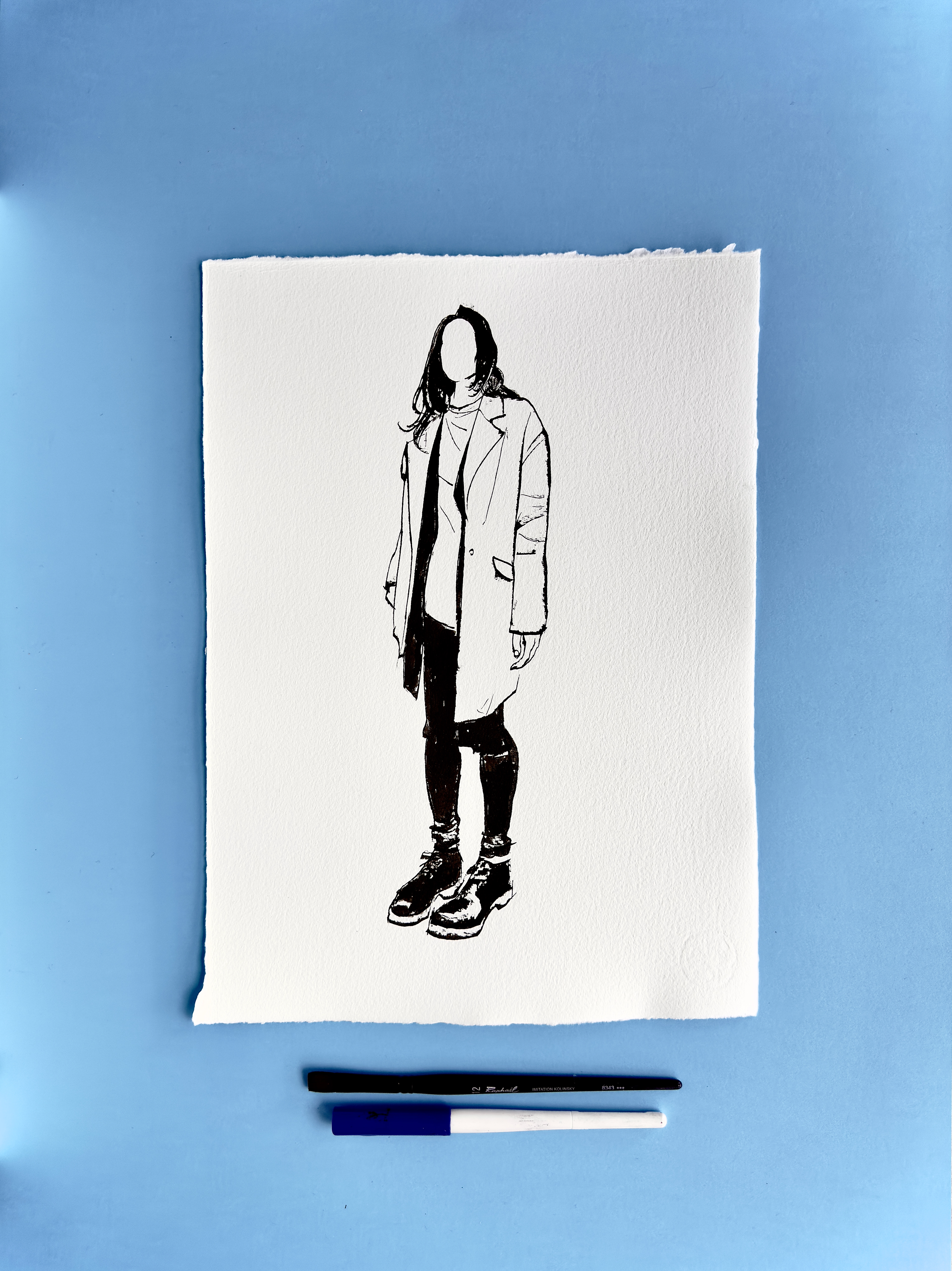 I DRAW YOU is an ongoing series of contemporary figure drawings exploring everyday bodies, fashion, and movement through expressive ink linework on textured cotton paper. Each piece captures real people in natural, unposed moments—walking, skating, taking selfies, or simply inhabiting their clothes—transforming daily gestures into minimal, dynamic portraiture.  Drawn with a combination of brush, parallel pen, and ink, the series focuses on gesture, proportion, and character, emphasising rhythm and immediacy over facial detail. Instead of traditional portrait likeness, the drawings celebrate silhouette, attitude, and personal style, making each figure both intimate and universal.  These original artworks sit at the crossroads of illustration, fashion drawing, and figurative art, making them ideal for collectors interested in line art, contemporary drawing, and minimal ink portraits. Every piece is hand-drawn on archival 250–300g paper, preserving the texture and spontaneity of the process.  Perfect for art lovers looking for unique figure drawings, modern ink artwork, or original works on paper that highlight the beauty of everyday bodies and the immediacy of the drawn line.