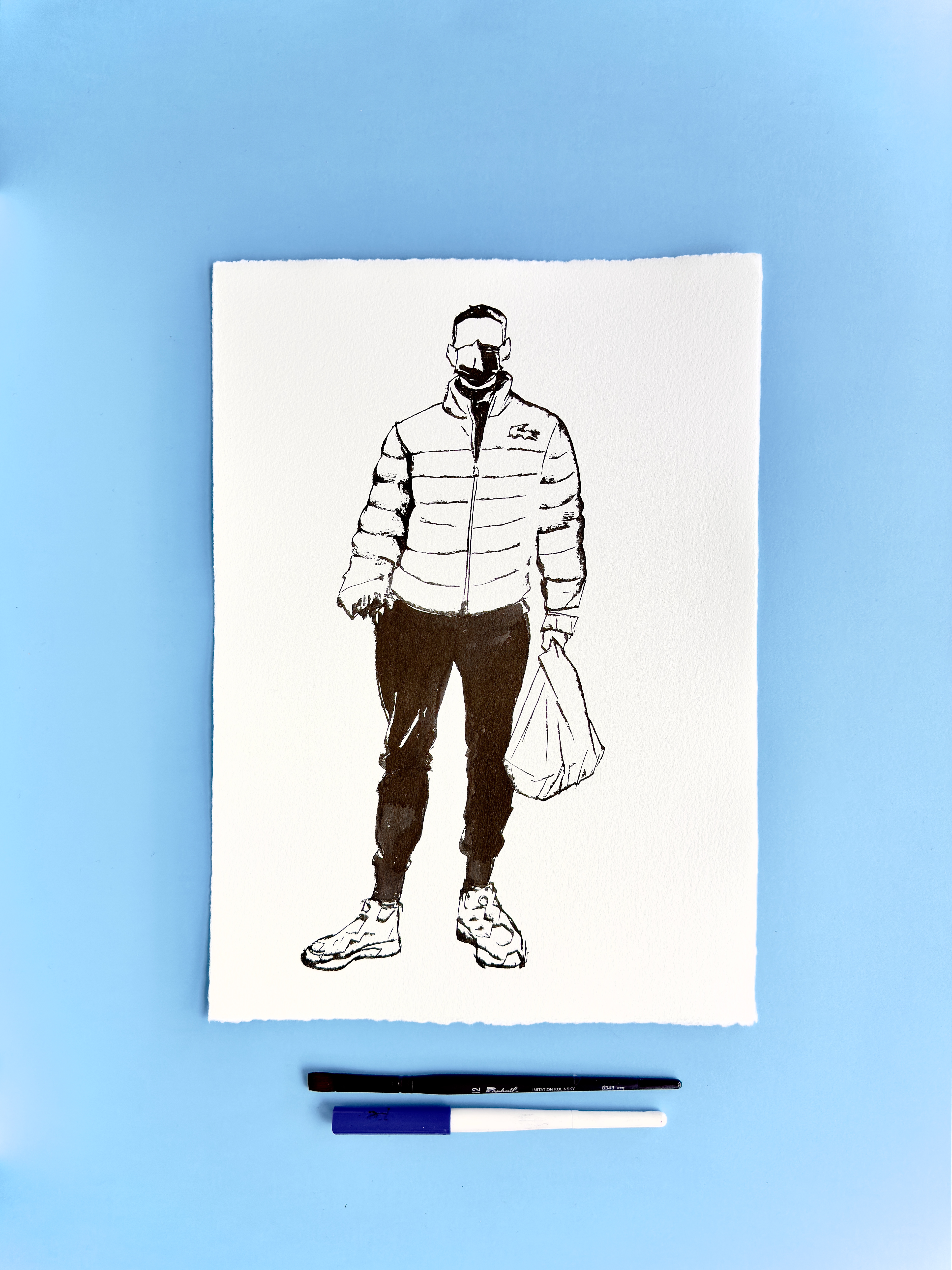 I DRAW YOU is an ongoing series of contemporary figure drawings exploring everyday bodies, fashion, and movement through expressive ink linework on textured cotton paper. Each piece captures real people in natural, unposed moments—walking, skating, taking selfies, or simply inhabiting their clothes—transforming daily gestures into minimal, dynamic portraiture.  Drawn with a combination of brush, parallel pen, and ink, the series focuses on gesture, proportion, and character, emphasising rhythm and immediacy over facial detail. Instead of traditional portrait likeness, the drawings celebrate silhouette, attitude, and personal style, making each figure both intimate and universal.  These original artworks sit at the crossroads of illustration, fashion drawing, and figurative art, making them ideal for collectors interested in line art, contemporary drawing, and minimal ink portraits. Every piece is hand-drawn on archival 250–300g paper, preserving the texture and spontaneity of the process.  Perfect for art lovers looking for unique figure drawings, modern ink artwork, or original works on paper that highlight the beauty of everyday bodies and the immediacy of the drawn line.