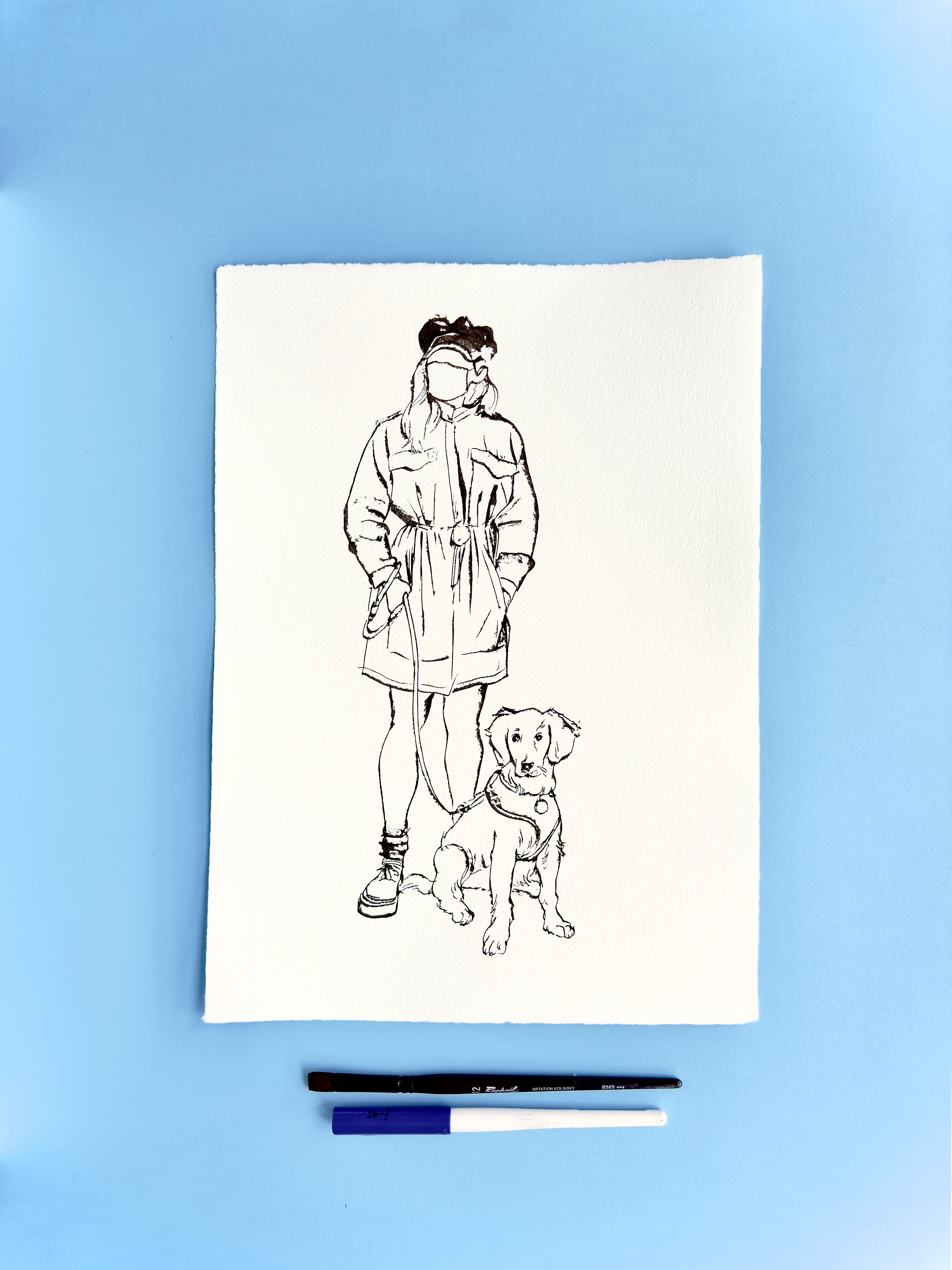 I DRAW YOU is an ongoing series of contemporary figure drawings exploring everyday bodies, fashion, and movement through expressive ink linework on textured cotton paper. Each piece captures real people in natural, unposed moments—walking, skating, taking selfies, or simply inhabiting their clothes—transforming daily gestures into minimal, dynamic portraiture.  Drawn with a combination of brush, parallel pen, and ink, the series focuses on gesture, proportion, and character, emphasising rhythm and immediacy over facial detail. Instead of traditional portrait likeness, the drawings celebrate silhouette, attitude, and personal style, making each figure both intimate and universal.  These original artworks sit at the crossroads of illustration, fashion drawing, and figurative art, making them ideal for collectors interested in line art, contemporary drawing, and minimal ink portraits. Every piece is hand-drawn on archival 250–300g paper, preserving the texture and spontaneity of the process.  Perfect for art lovers looking for unique figure drawings, modern ink artwork, or original works on paper that highlight the beauty of everyday bodies and the immediacy of the drawn line.