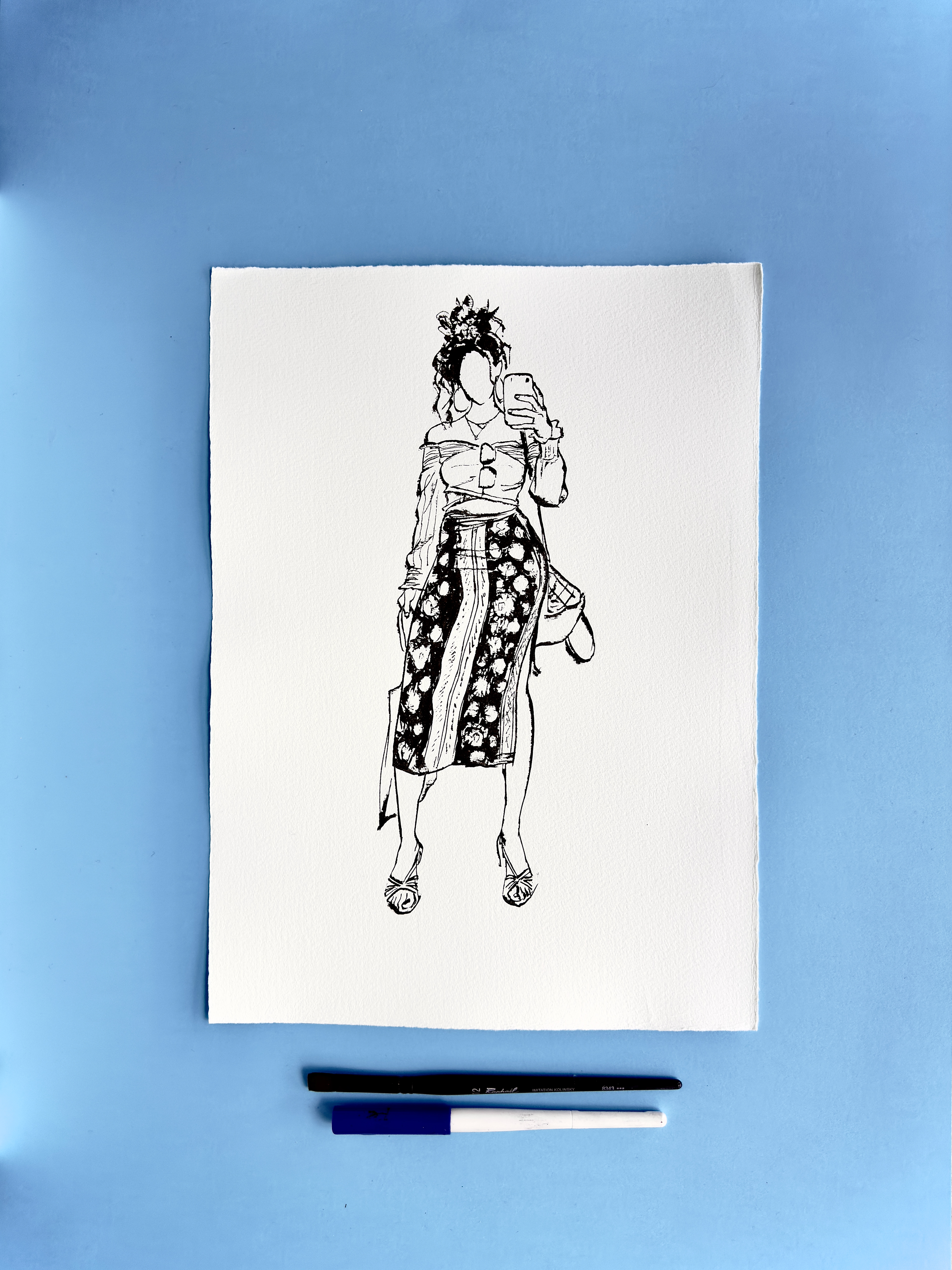 I DRAW YOU is an ongoing series of contemporary figure drawings exploring everyday bodies, fashion, and movement through expressive ink linework on textured cotton paper. Each piece captures real people in natural, unposed moments—walking, skating, taking selfies, or simply inhabiting their clothes—transforming daily gestures into minimal, dynamic portraiture.  Drawn with a combination of brush, parallel pen, and ink, the series focuses on gesture, proportion, and character, emphasising rhythm and immediacy over facial detail. Instead of traditional portrait likeness, the drawings celebrate silhouette, attitude, and personal style, making each figure both intimate and universal.  These original artworks sit at the crossroads of illustration, fashion drawing, and figurative art, making them ideal for collectors interested in line art, contemporary drawing, and minimal ink portraits. Every piece is hand-drawn on archival 250–300g paper, preserving the texture and spontaneity of the process.  Perfect for art lovers looking for unique figure drawings, modern ink artwork, or original works on paper that highlight the beauty of everyday bodies and the immediacy of the drawn line.