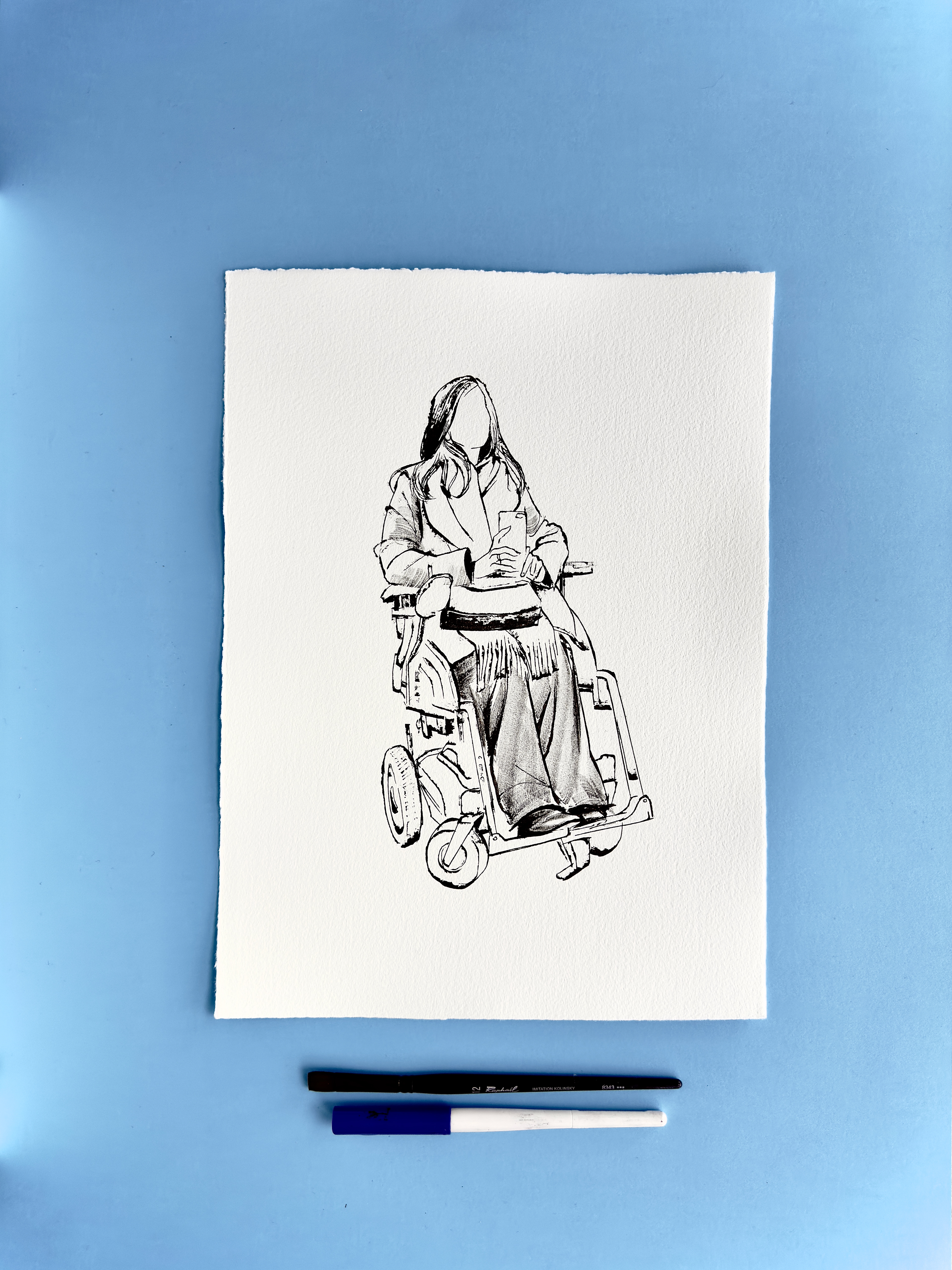 I DRAW YOU is an ongoing series of contemporary figure drawings exploring everyday bodies, fashion, and movement through expressive ink linework on textured cotton paper. Each piece captures real people in natural, unposed moments—walking, skating, taking selfies, or simply inhabiting their clothes—transforming daily gestures into minimal, dynamic portraiture.  Drawn with a combination of brush, parallel pen, and ink, the series focuses on gesture, proportion, and character, emphasising rhythm and immediacy over facial detail. Instead of traditional portrait likeness, the drawings celebrate silhouette, attitude, and personal style, making each figure both intimate and universal.  These original artworks sit at the crossroads of illustration, fashion drawing, and figurative art, making them ideal for collectors interested in line art, contemporary drawing, and minimal ink portraits. Every piece is hand-drawn on archival 250–300g paper, preserving the texture and spontaneity of the process.  Perfect for art lovers looking for unique figure drawings, modern ink artwork, or original works on paper that highlight the beauty of everyday bodies and the immediacy of the drawn line.