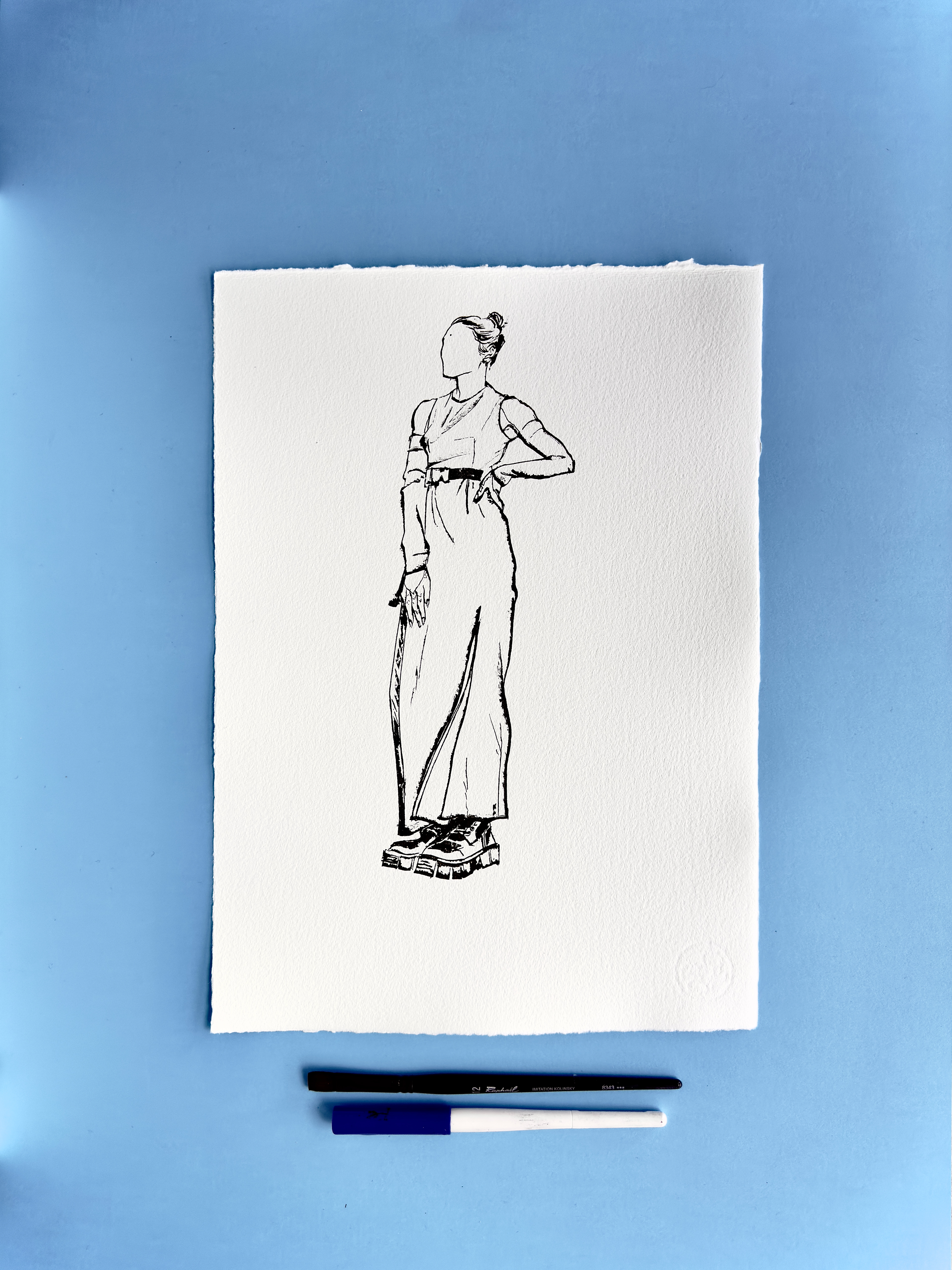 I DRAW YOU is an ongoing series of contemporary figure drawings exploring everyday bodies, fashion, and movement through expressive ink linework on textured cotton paper. Each piece captures real people in natural, unposed moments—walking, skating, taking selfies, or simply inhabiting their clothes—transforming daily gestures into minimal, dynamic portraiture.  Drawn with a combination of brush, parallel pen, and ink, the series focuses on gesture, proportion, and character, emphasising rhythm and immediacy over facial detail. Instead of traditional portrait likeness, the drawings celebrate silhouette, attitude, and personal style, making each figure both intimate and universal.  These original artworks sit at the crossroads of illustration, fashion drawing, and figurative art, making them ideal for collectors interested in line art, contemporary drawing, and minimal ink portraits. Every piece is hand-drawn on archival 250–300g paper, preserving the texture and spontaneity of the process.  Perfect for art lovers looking for unique figure drawings, modern ink artwork, or original works on paper that highlight the beauty of everyday bodies and the immediacy of the drawn line.