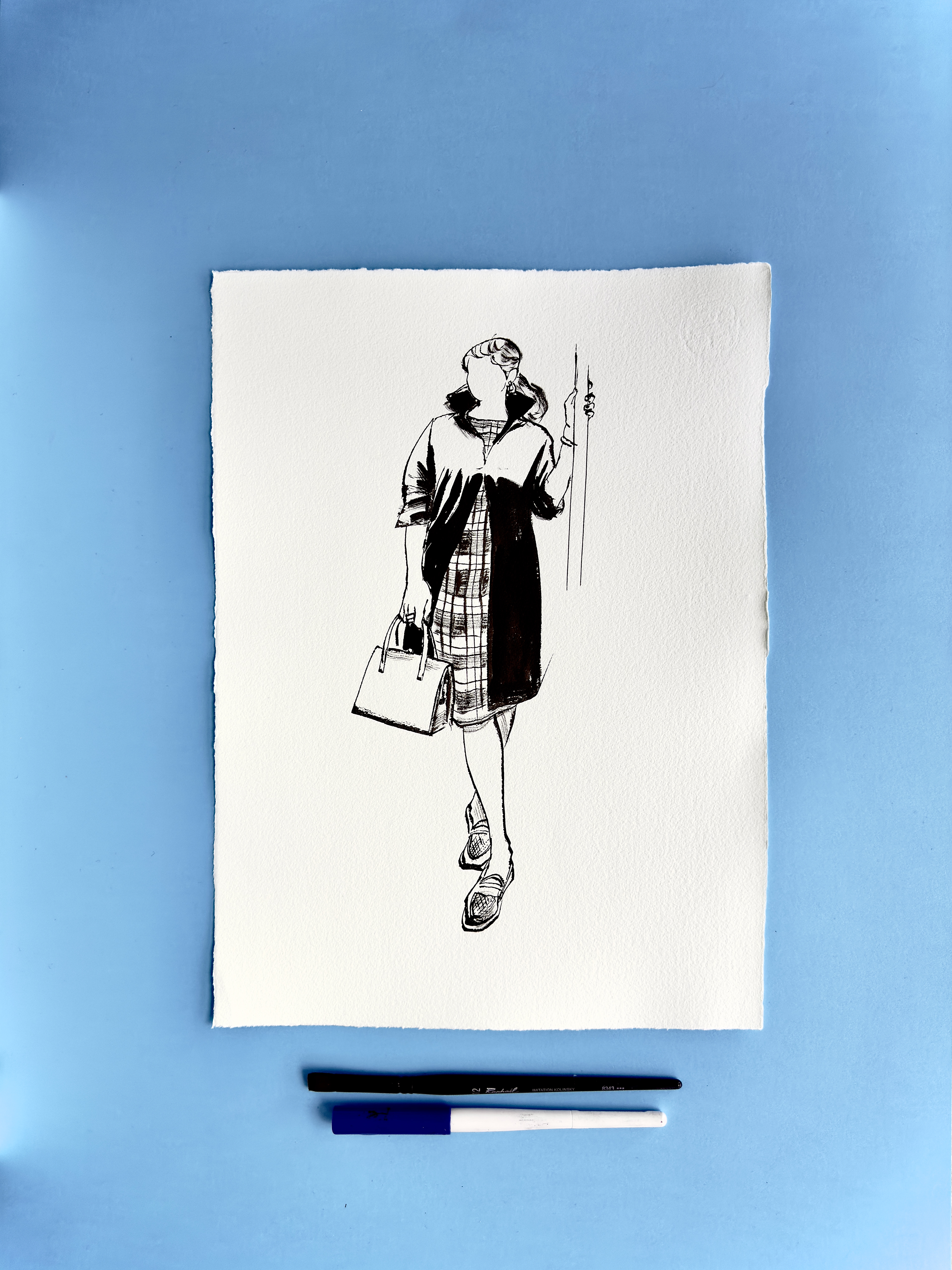 I DRAW YOU is an ongoing series of contemporary figure drawings exploring everyday bodies, fashion, and movement through expressive ink linework on textured cotton paper. Each piece captures real people in natural, unposed moments—walking, skating, taking selfies, or simply inhabiting their clothes—transforming daily gestures into minimal, dynamic portraiture.  Drawn with a combination of brush, parallel pen, and ink, the series focuses on gesture, proportion, and character, emphasising rhythm and immediacy over facial detail. Instead of traditional portrait likeness, the drawings celebrate silhouette, attitude, and personal style, making each figure both intimate and universal.  These original artworks sit at the crossroads of illustration, fashion drawing, and figurative art, making them ideal for collectors interested in line art, contemporary drawing, and minimal ink portraits. Every piece is hand-drawn on archival 250–300g paper, preserving the texture and spontaneity of the process.  Perfect for art lovers looking for unique figure drawings, modern ink artwork, or original works on paper that highlight the beauty of everyday bodies and the immediacy of the drawn line.