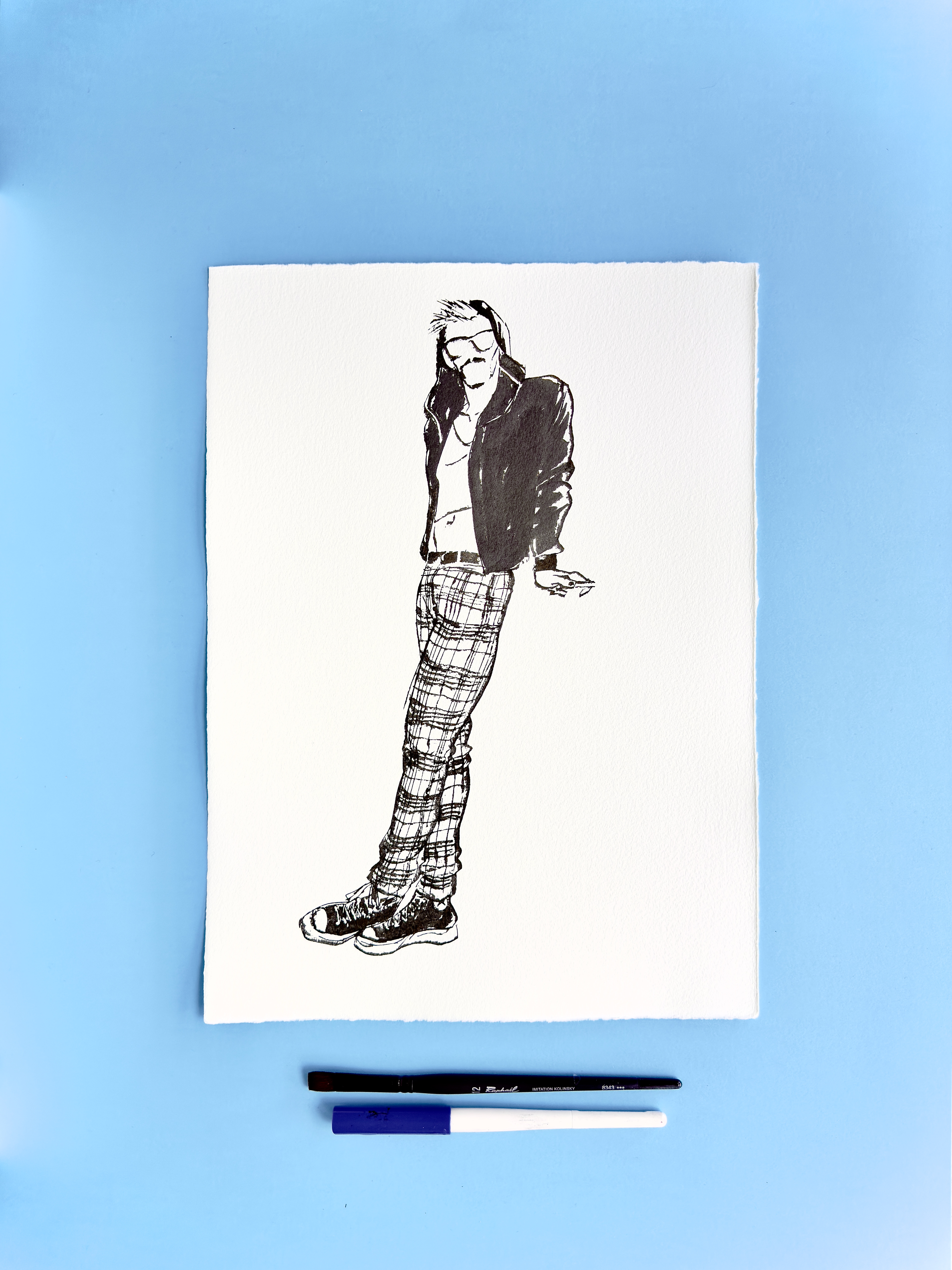 I DRAW YOU is an ongoing series of contemporary figure drawings exploring everyday bodies, fashion, and movement through expressive ink linework on textured cotton paper. Each piece captures real people in natural, unposed moments—walking, skating, taking selfies, or simply inhabiting their clothes—transforming daily gestures into minimal, dynamic portraiture.  Drawn with a combination of brush, parallel pen, and ink, the series focuses on gesture, proportion, and character, emphasising rhythm and immediacy over facial detail. Instead of traditional portrait likeness, the drawings celebrate silhouette, attitude, and personal style, making each figure both intimate and universal.  These original artworks sit at the crossroads of illustration, fashion drawing, and figurative art, making them ideal for collectors interested in line art, contemporary drawing, and minimal ink portraits. Every piece is hand-drawn on archival 250–300g paper, preserving the texture and spontaneity of the process.  Perfect for art lovers looking for unique figure drawings, modern ink artwork, or original works on paper that highlight the beauty of everyday bodies and the immediacy of the drawn line.