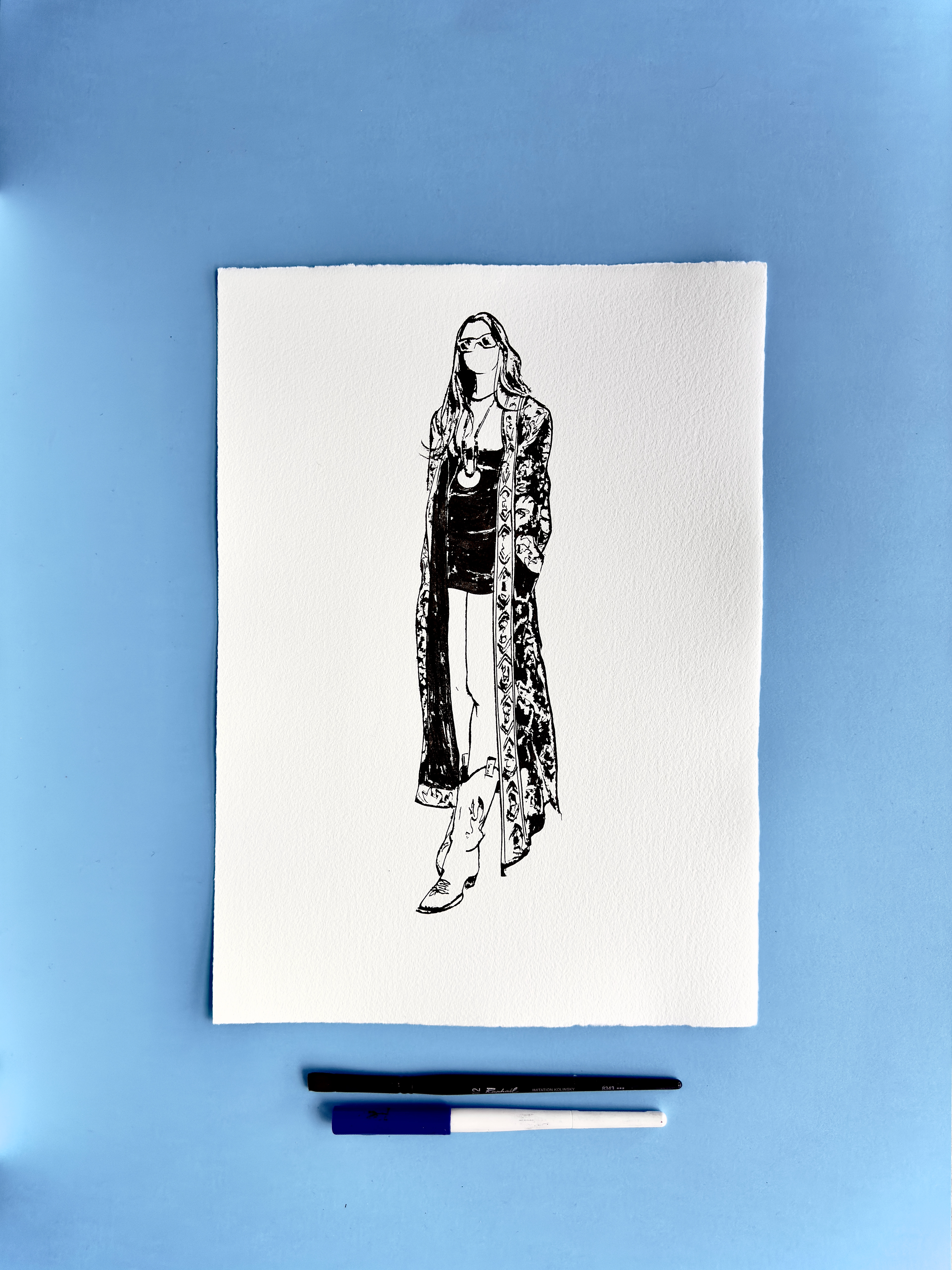 I DRAW YOU is an ongoing series of contemporary figure drawings exploring everyday bodies, fashion, and movement through expressive ink linework on textured cotton paper. Each piece captures real people in natural, unposed moments—walking, skating, taking selfies, or simply inhabiting their clothes—transforming daily gestures into minimal, dynamic portraiture.  Drawn with a combination of brush, parallel pen, and ink, the series focuses on gesture, proportion, and character, emphasising rhythm and immediacy over facial detail. Instead of traditional portrait likeness, the drawings celebrate silhouette, attitude, and personal style, making each figure both intimate and universal.  These original artworks sit at the crossroads of illustration, fashion drawing, and figurative art, making them ideal for collectors interested in line art, contemporary drawing, and minimal ink portraits. Every piece is hand-drawn on archival 250–300g paper, preserving the texture and spontaneity of the process.  Perfect for art lovers looking for unique figure drawings, modern ink artwork, or original works on paper that highlight the beauty of everyday bodies and the immediacy of the drawn line.