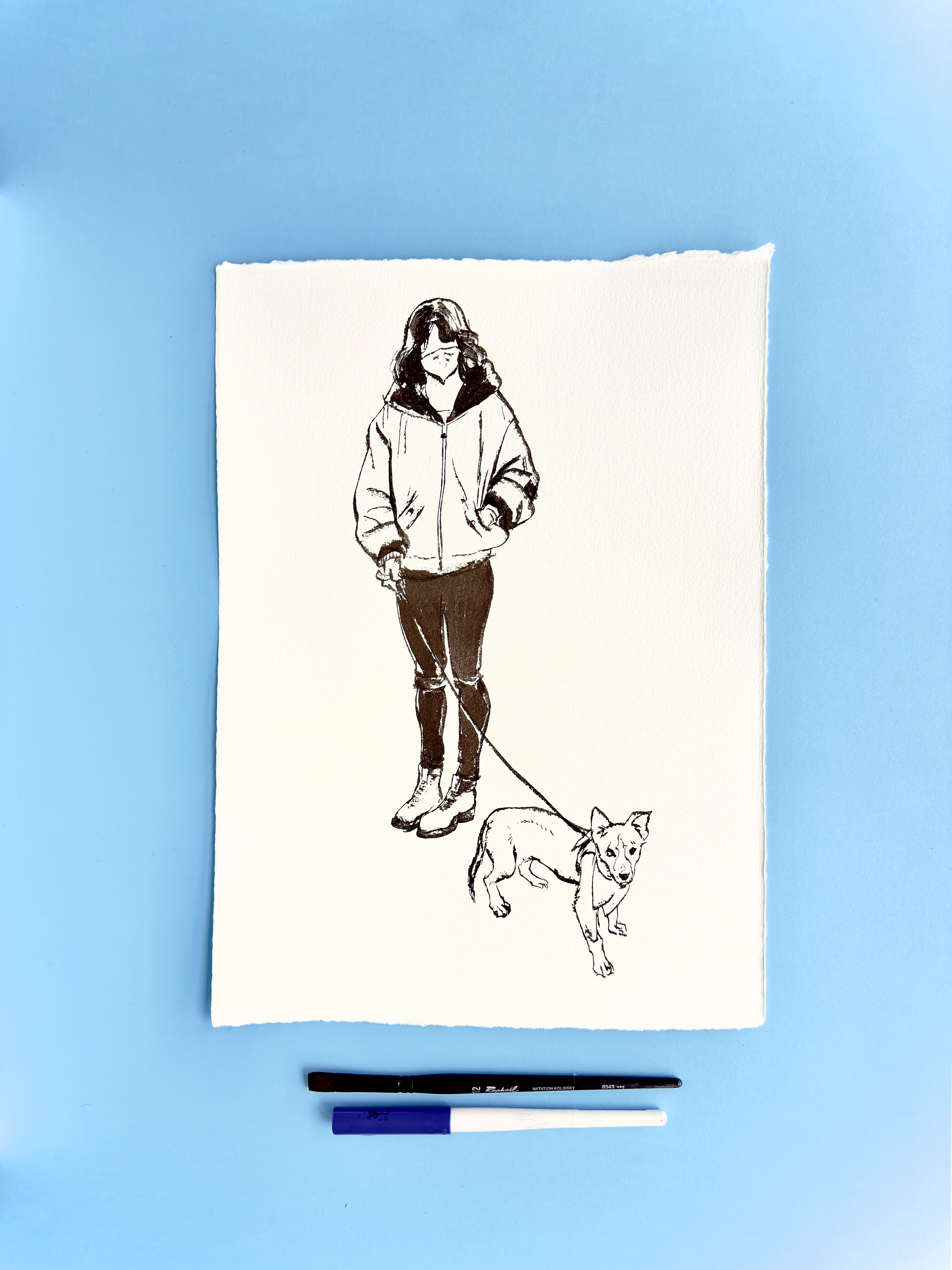 I DRAW YOU is an ongoing series of contemporary figure drawings exploring everyday bodies, fashion, and movement through expressive ink linework on textured cotton paper. Each piece captures real people in natural, unposed moments—walking, skating, taking selfies, or simply inhabiting their clothes—transforming daily gestures into minimal, dynamic portraiture.  Drawn with a combination of brush, parallel pen, and ink, the series focuses on gesture, proportion, and character, emphasising rhythm and immediacy over facial detail. Instead of traditional portrait likeness, the drawings celebrate silhouette, attitude, and personal style, making each figure both intimate and universal.  These original artworks sit at the crossroads of illustration, fashion drawing, and figurative art, making them ideal for collectors interested in line art, contemporary drawing, and minimal ink portraits. Every piece is hand-drawn on archival 250–300g paper, preserving the texture and spontaneity of the process.  Perfect for art lovers looking for unique figure drawings, modern ink artwork, or original works on paper that highlight the beauty of everyday bodies and the immediacy of the drawn line.