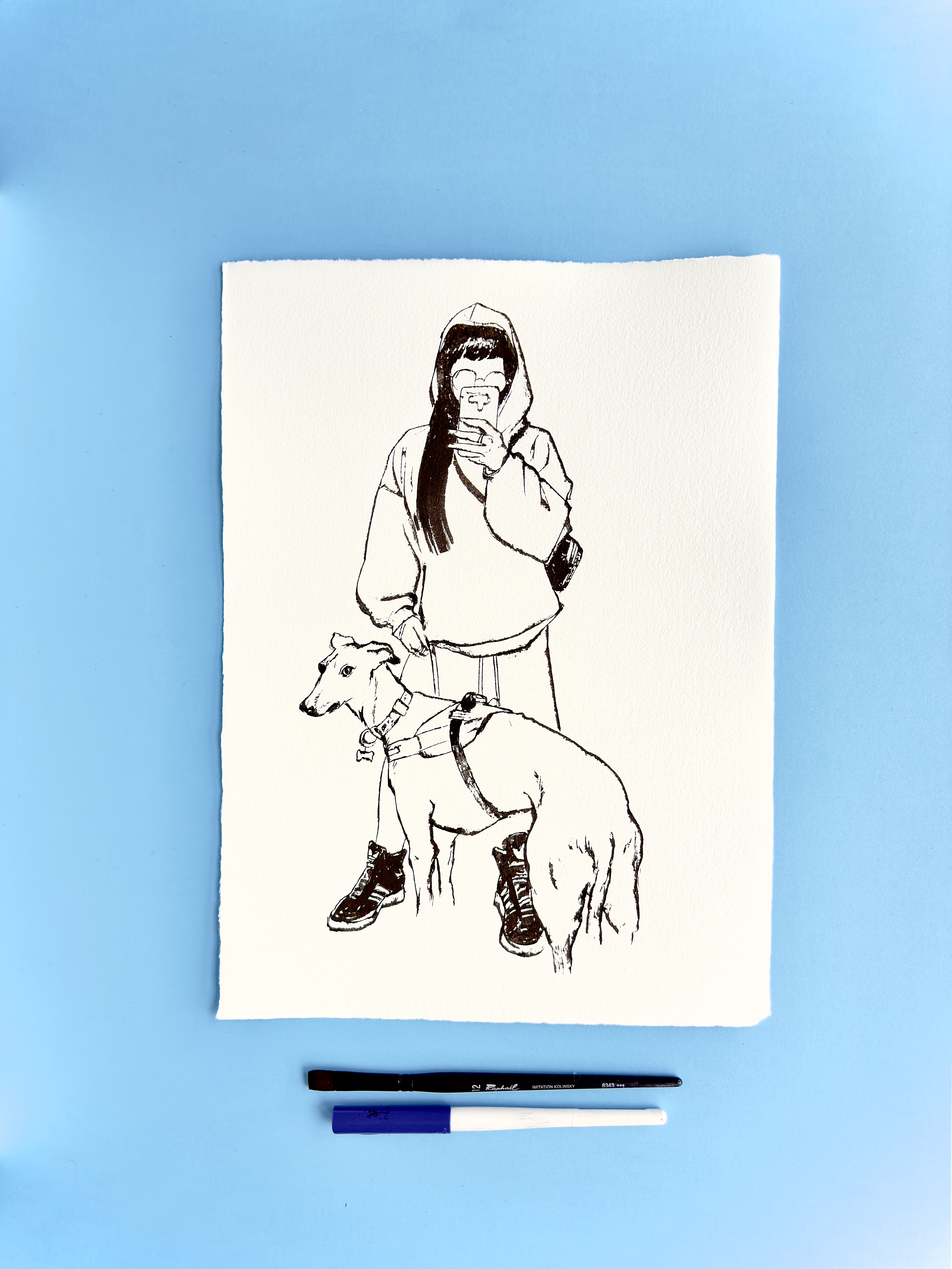 I DRAW YOU is an ongoing series of contemporary figure drawings exploring everyday bodies, fashion, and movement through expressive ink linework on textured cotton paper. Each piece captures real people in natural, unposed moments—walking, skating, taking selfies, or simply inhabiting their clothes—transforming daily gestures into minimal, dynamic portraiture.  Drawn with a combination of brush, parallel pen, and ink, the series focuses on gesture, proportion, and character, emphasising rhythm and immediacy over facial detail. Instead of traditional portrait likeness, the drawings celebrate silhouette, attitude, and personal style, making each figure both intimate and universal.  These original artworks sit at the crossroads of illustration, fashion drawing, and figurative art, making them ideal for collectors interested in line art, contemporary drawing, and minimal ink portraits. Every piece is hand-drawn on archival 250–300g paper, preserving the texture and spontaneity of the process.  Perfect for art lovers looking for unique figure drawings, modern ink artwork, or original works on paper that highlight the beauty of everyday bodies and the immediacy of the drawn line.