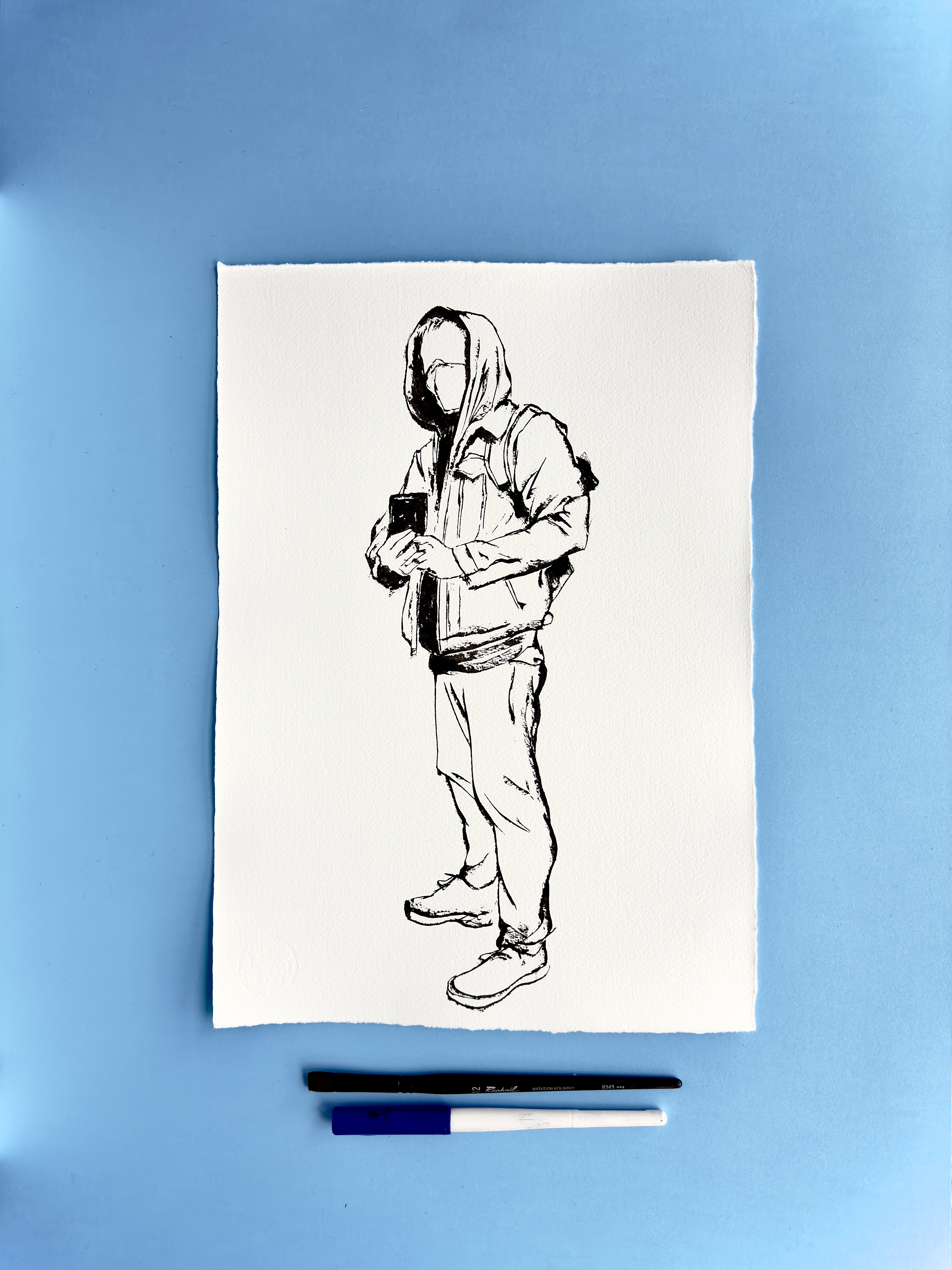 I DRAW YOU is an ongoing series of contemporary figure drawings exploring everyday bodies, fashion, and movement through expressive ink linework on textured cotton paper. Each piece captures real people in natural, unposed moments—walking, skating, taking selfies, or simply inhabiting their clothes—transforming daily gestures into minimal, dynamic portraiture.  Drawn with a combination of brush, parallel pen, and ink, the series focuses on gesture, proportion, and character, emphasising rhythm and immediacy over facial detail. Instead of traditional portrait likeness, the drawings celebrate silhouette, attitude, and personal style, making each figure both intimate and universal.  These original artworks sit at the crossroads of illustration, fashion drawing, and figurative art, making them ideal for collectors interested in line art, contemporary drawing, and minimal ink portraits. Every piece is hand-drawn on archival 250–300g paper, preserving the texture and spontaneity of the process.  Perfect for art lovers looking for unique figure drawings, modern ink artwork, or original works on paper that highlight the beauty of everyday bodies and the immediacy of the drawn line.