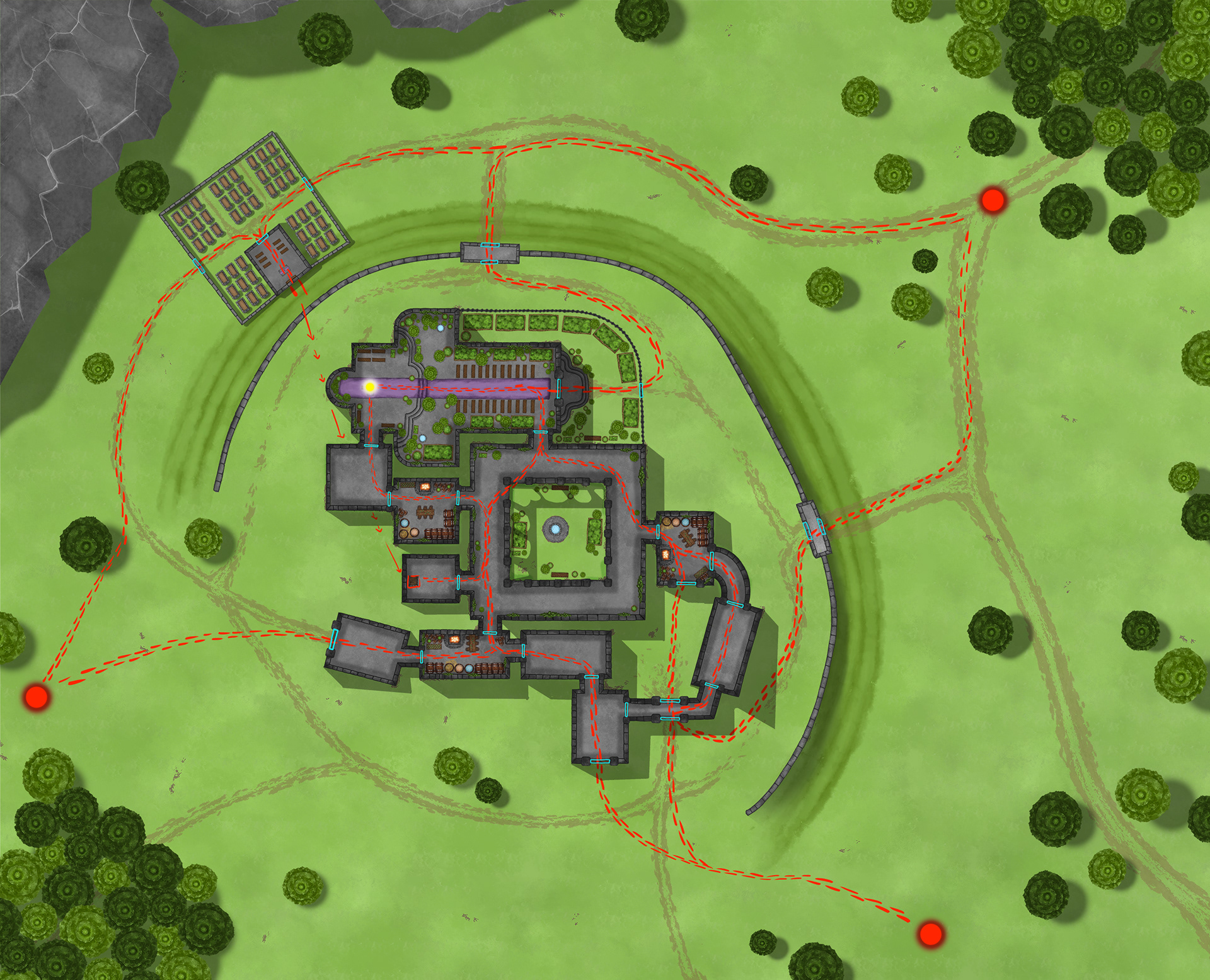 The enemies have to fight their way from various spawn points through the monastery to the church to steal the holy relic. The player can freely decide which doors should be barricaded.