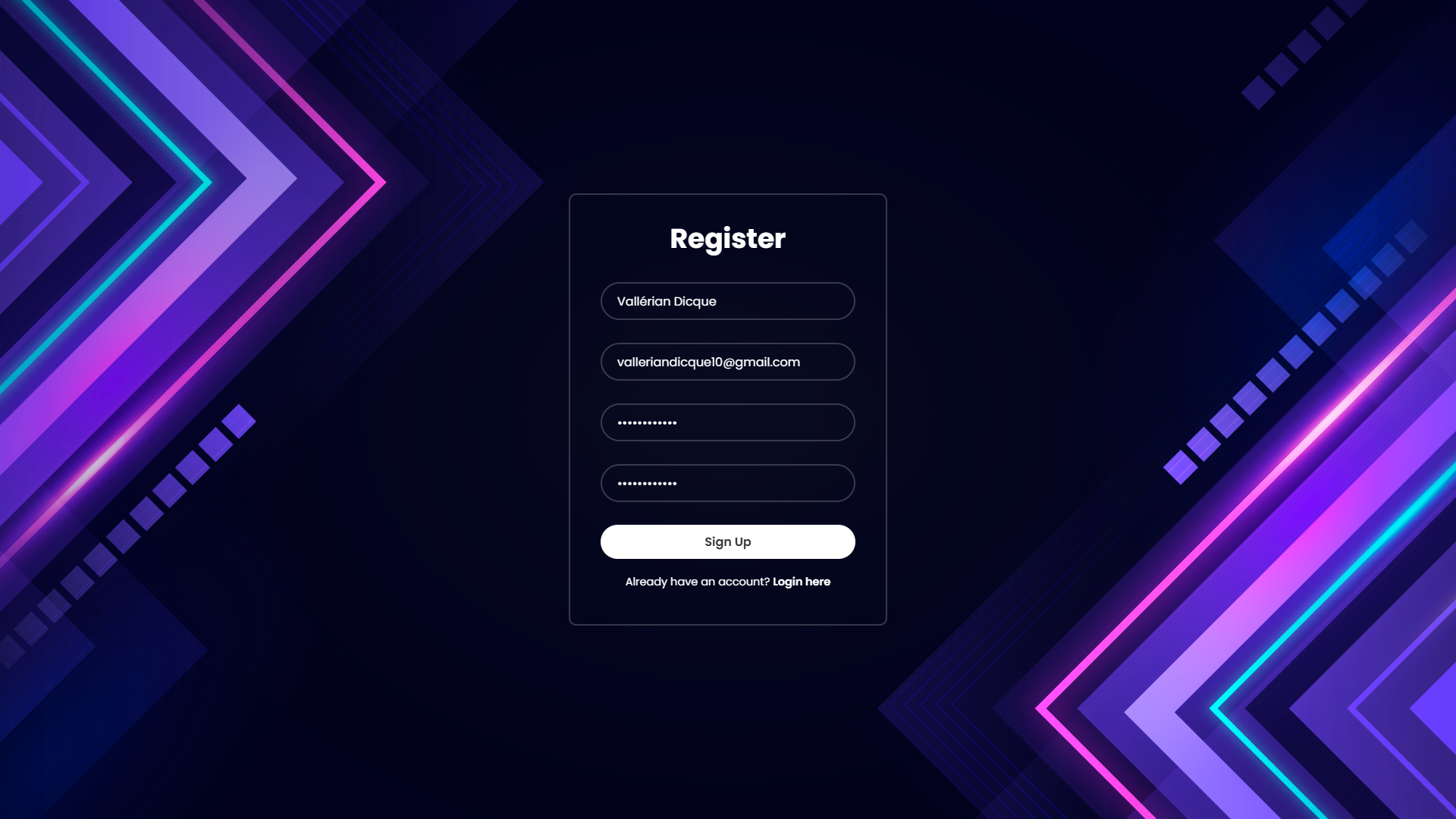 Page de création de compte