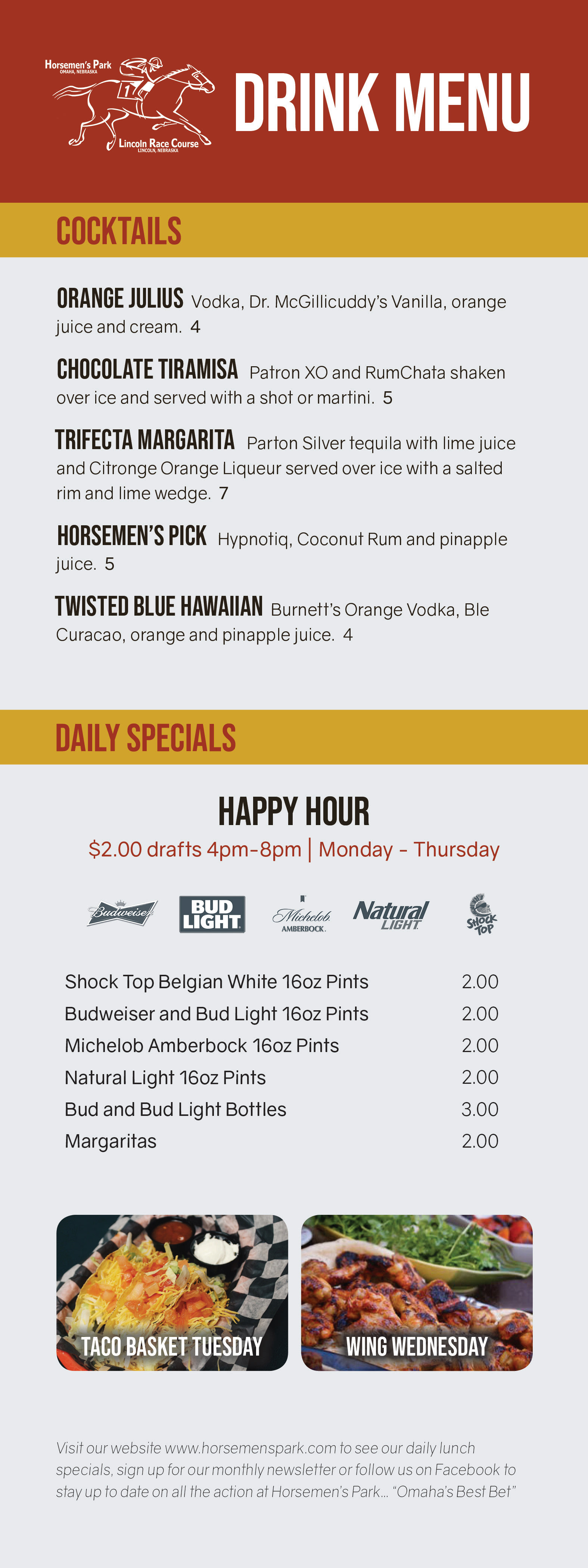 Horsemen's Park Drink Menu Back