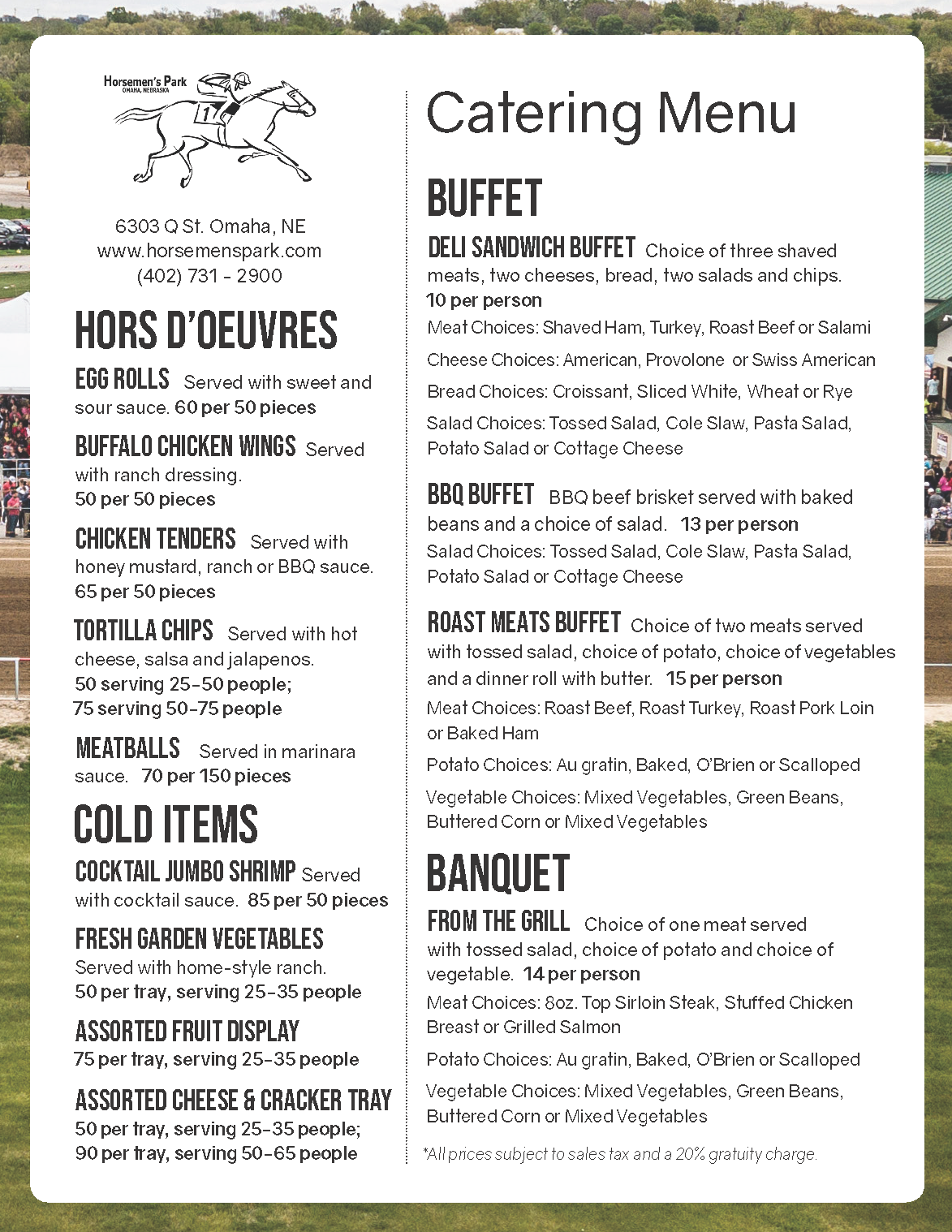 Horsemen's Park Catering Menu
