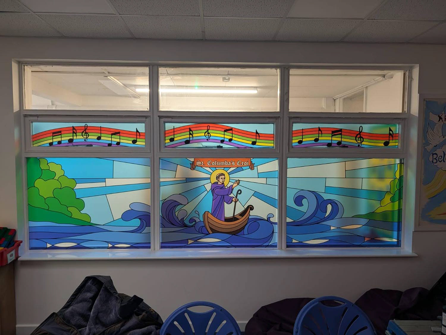 Illustration showing Saint Columba, together with nature and music