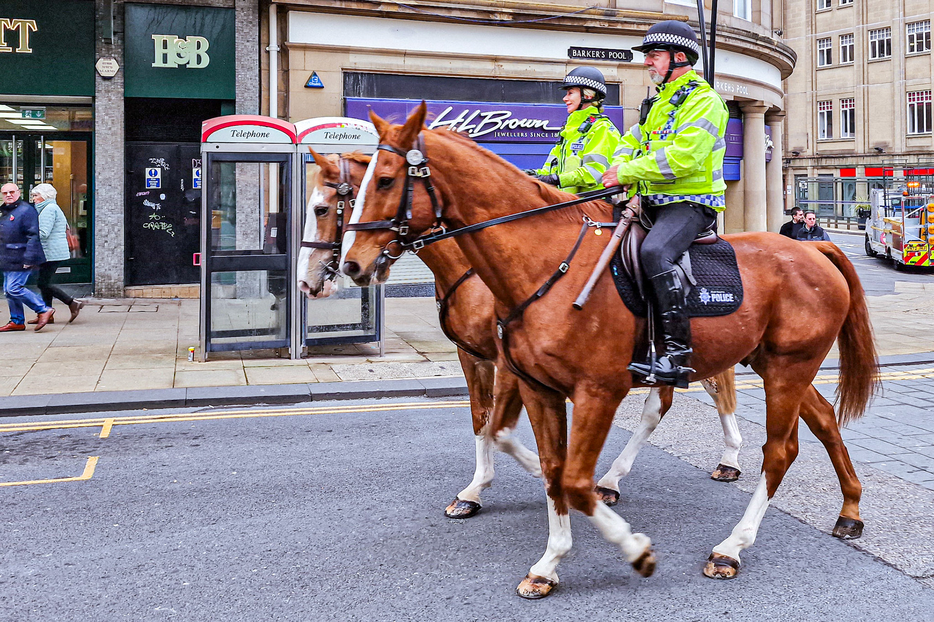Two police officers on horses, Sheffield, UK