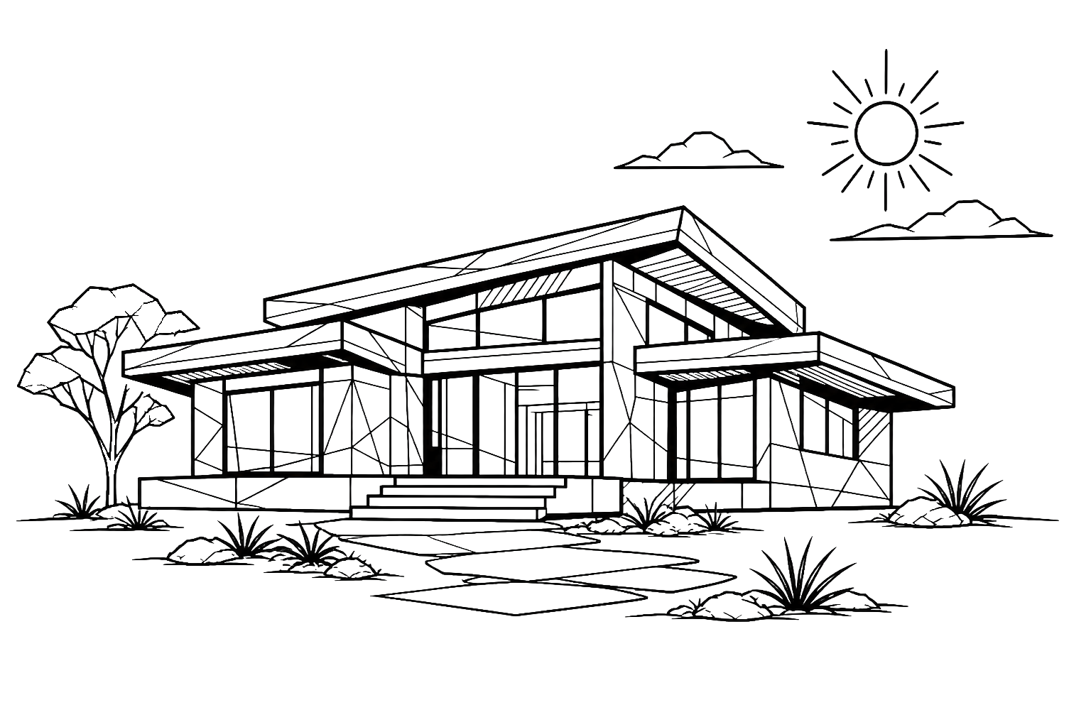 Architectural line illustration of a modern climate-responsive home with wide eaves, large windows and tropical landscaping.