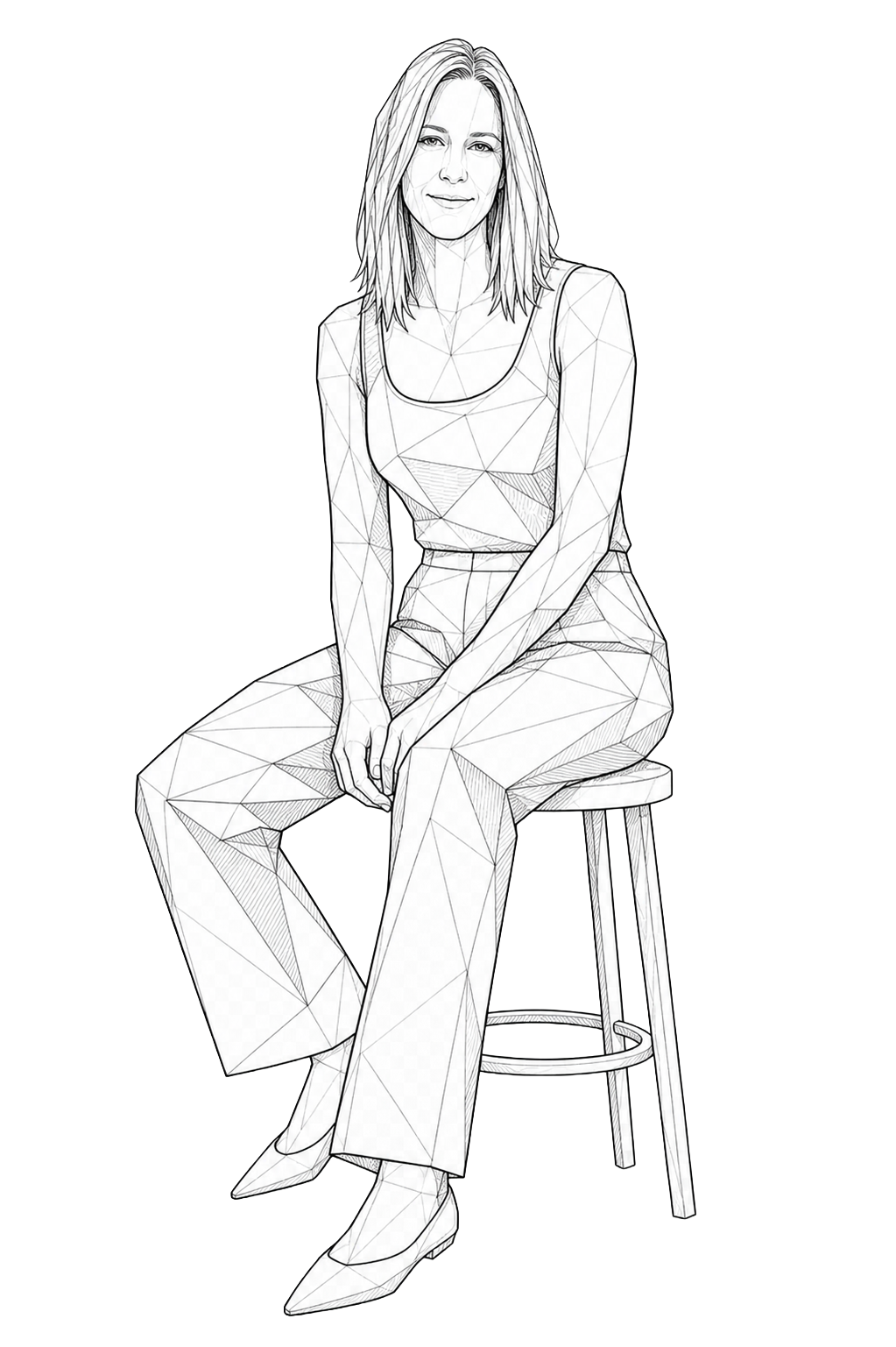 Geometric line illustration of Wakana Design Co building designer Katrina Girling seated on a stool.