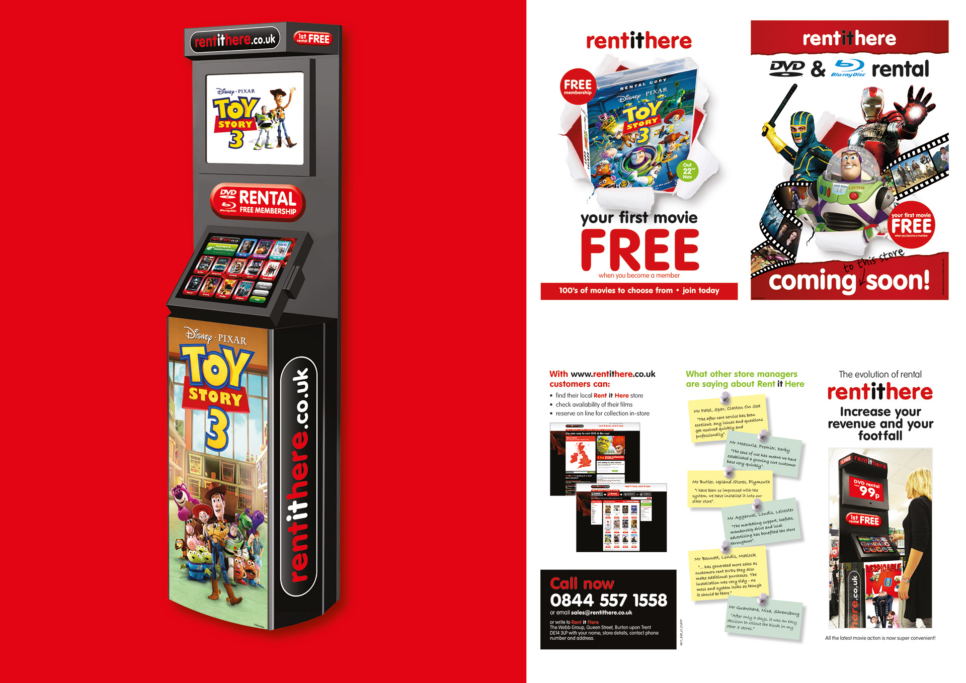 This was a brand called rent-it-here I created the logo and brand identity. There was an in-store unit with a touchscreen that you could rent DVDs. I designed & produced all the POS for the unit. This also included posters for shop windows and bus shelter/billboard posters and promotional flyers and leaflets. 