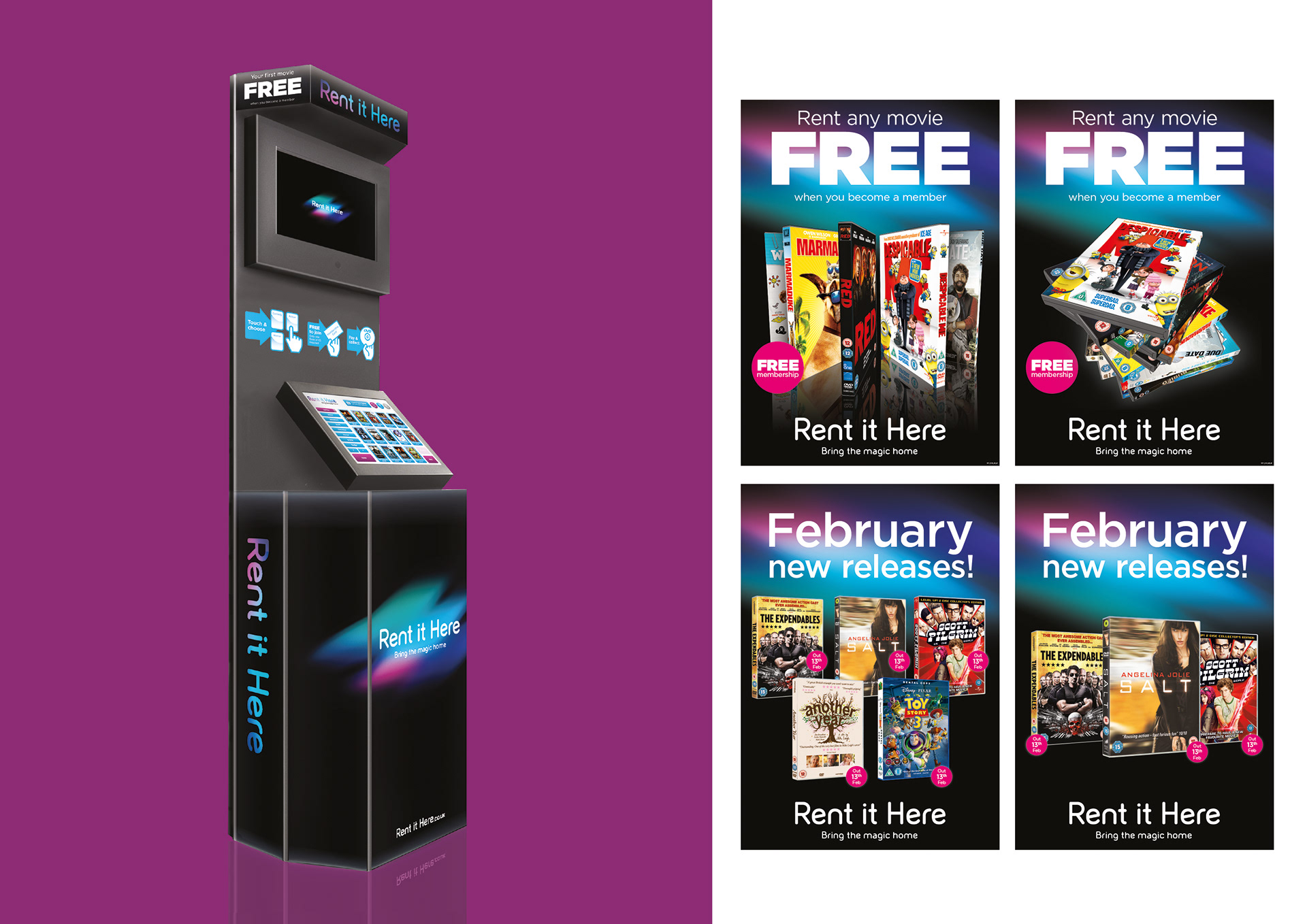 Rent-it-here had a brand update where I created the new logo and brand identity. The in-store unit had a refresh and I designed & produced all the POS for the unit. This also included posters for shop windows and bus shelter/billboard posters and promotional flyers and leaflets. 