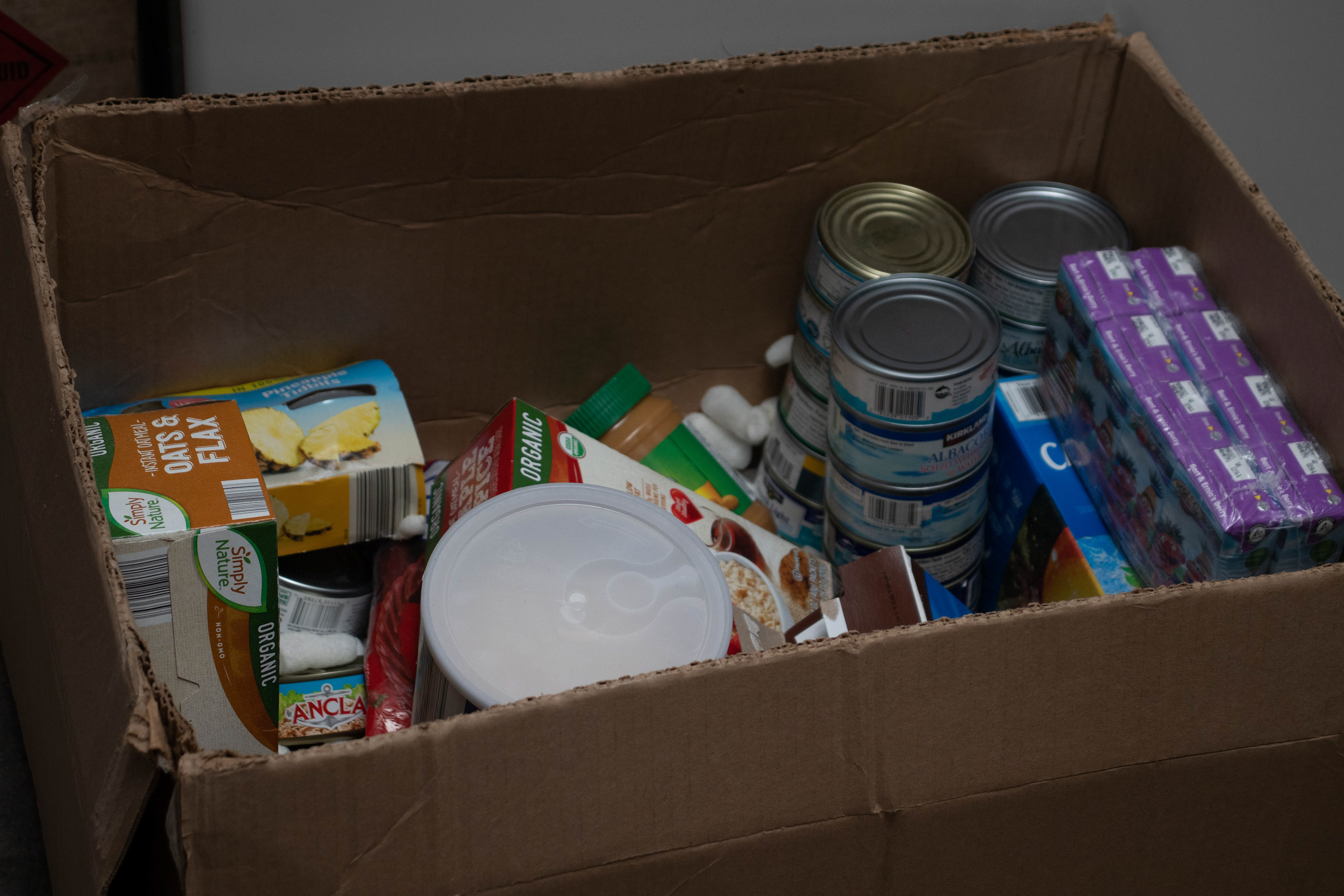 A box of donated food sits on the concrete slab of their childhood home in Hope, MI. “I remember this lady stopping by with three meals left and she said jokingly these must be for you guys. But they really were. We did not know where our meal was going to come from that day.” Borka, said.