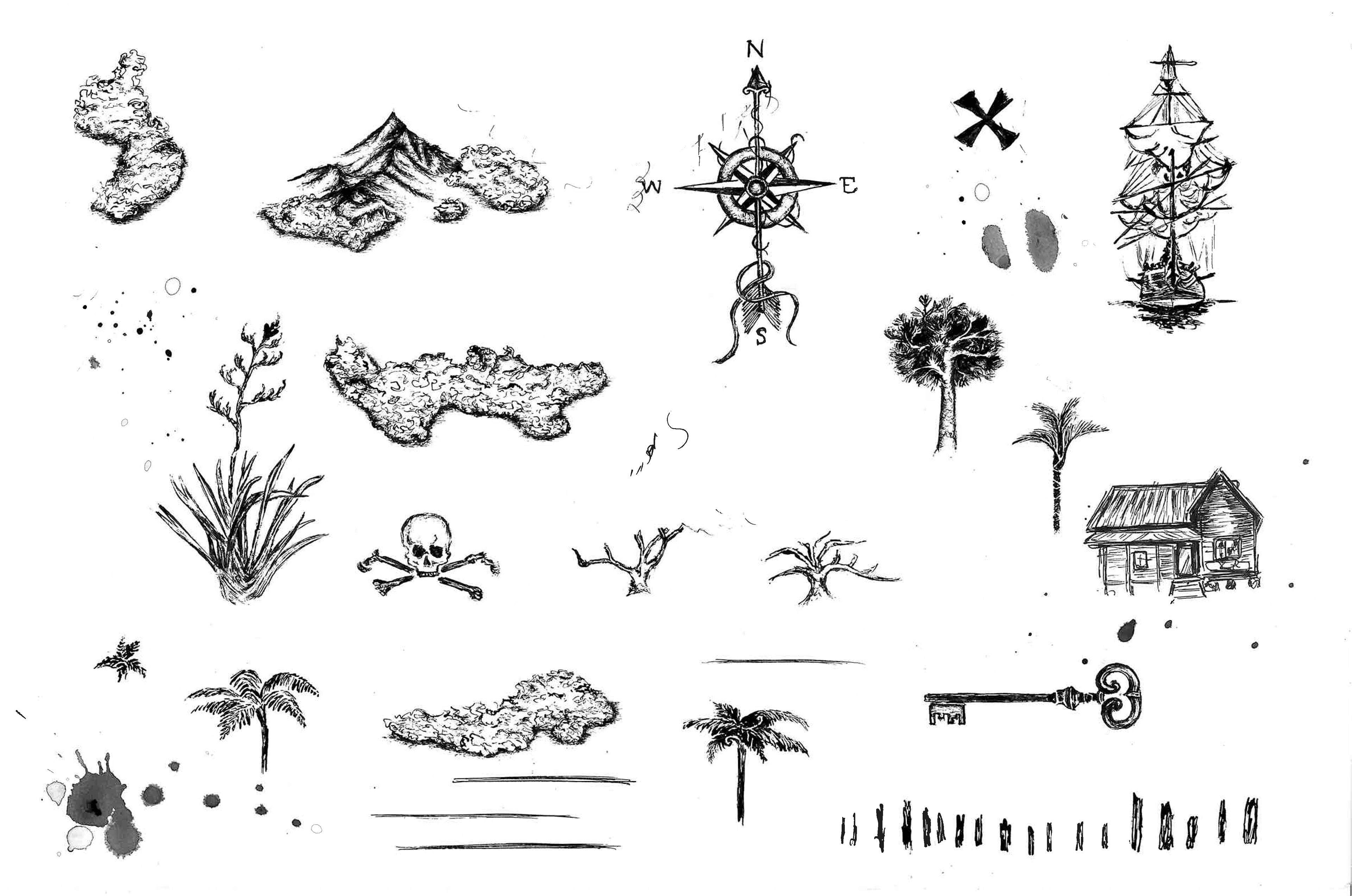 Hand drawn ink illustrations.