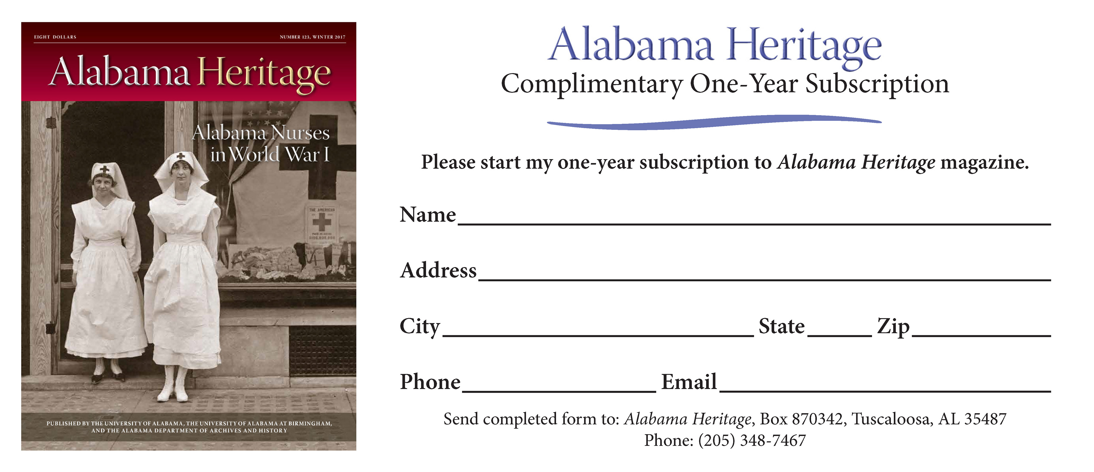 Alabama Heritage Complimentary Subscription Form