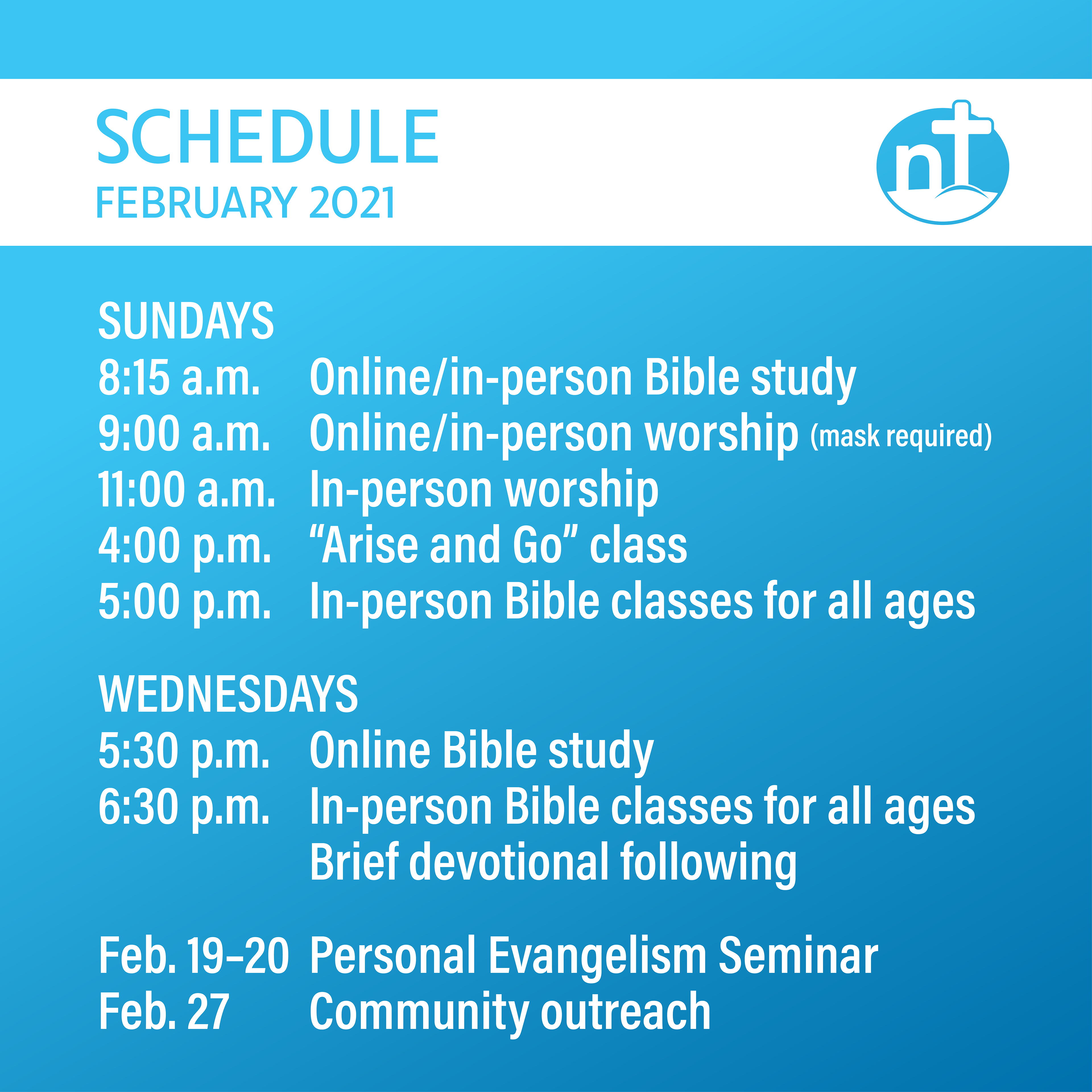2021 NTCOC Monthly Schedule