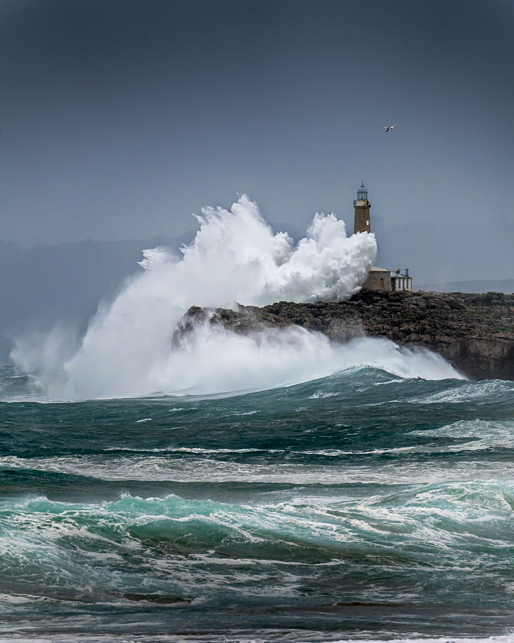 Mouro Island Lighthouse - Wave Strike and Seagull (5:4)