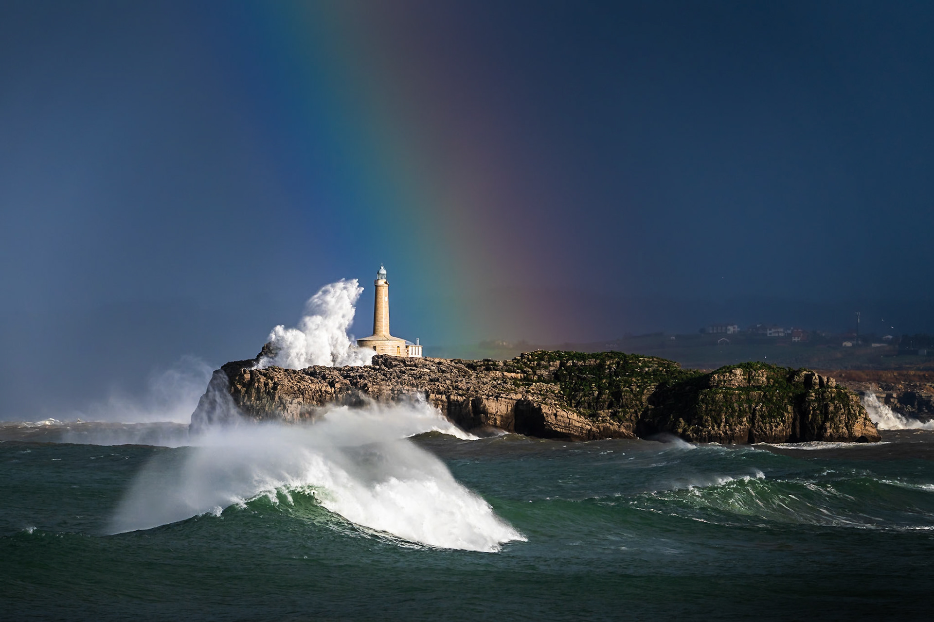 Mouro Island Lighthouse - Heavy Seas with Rainbow (2:3)