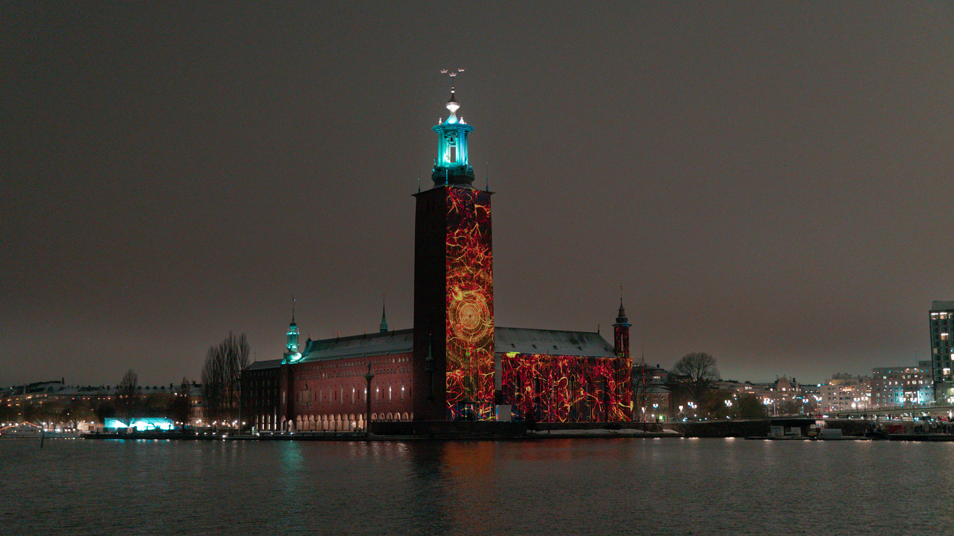 Stockholm City Hall. Nobel Week Lights , Stockholm, Sweden