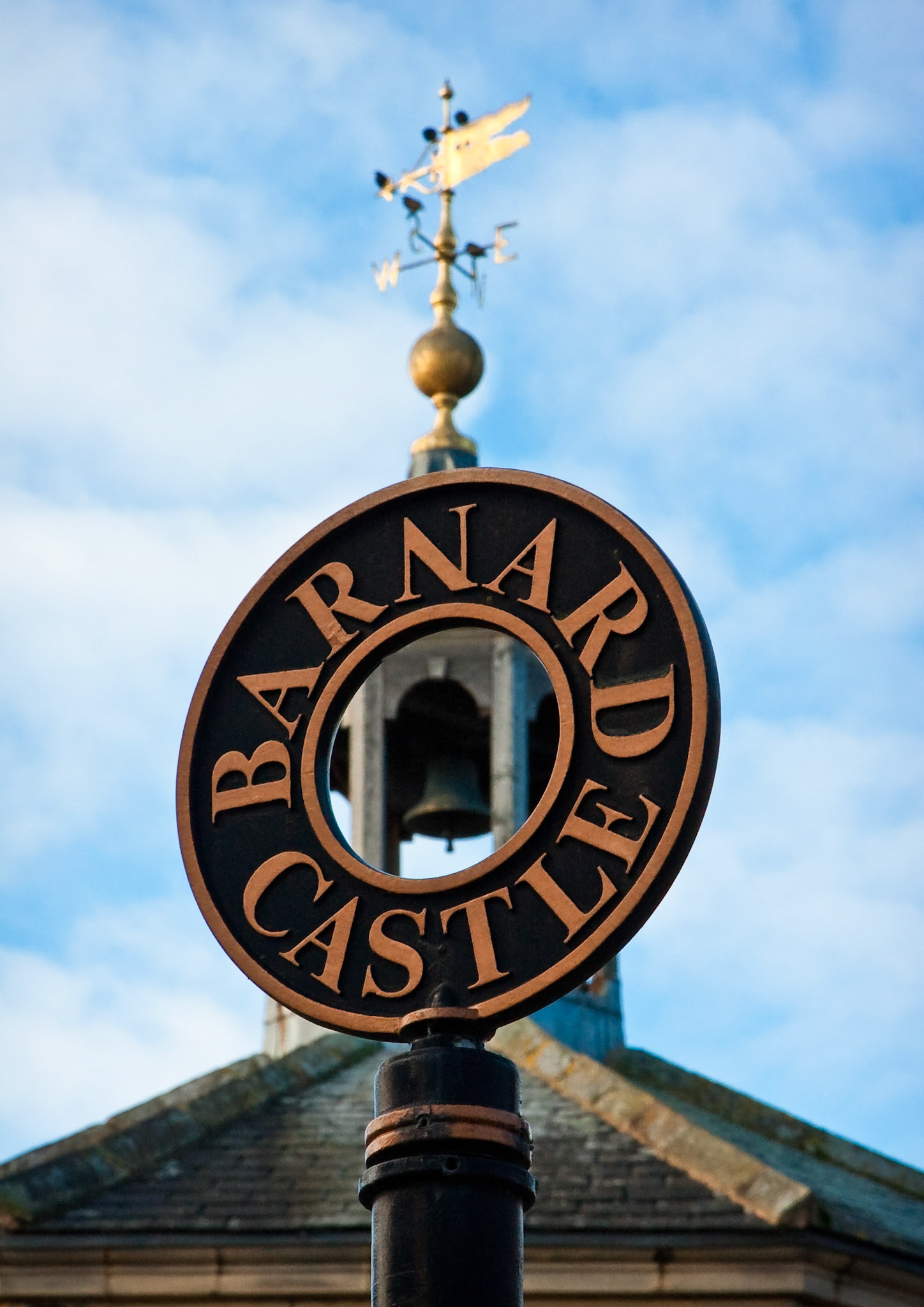 Barnard Castle sign with the Butter Market behind