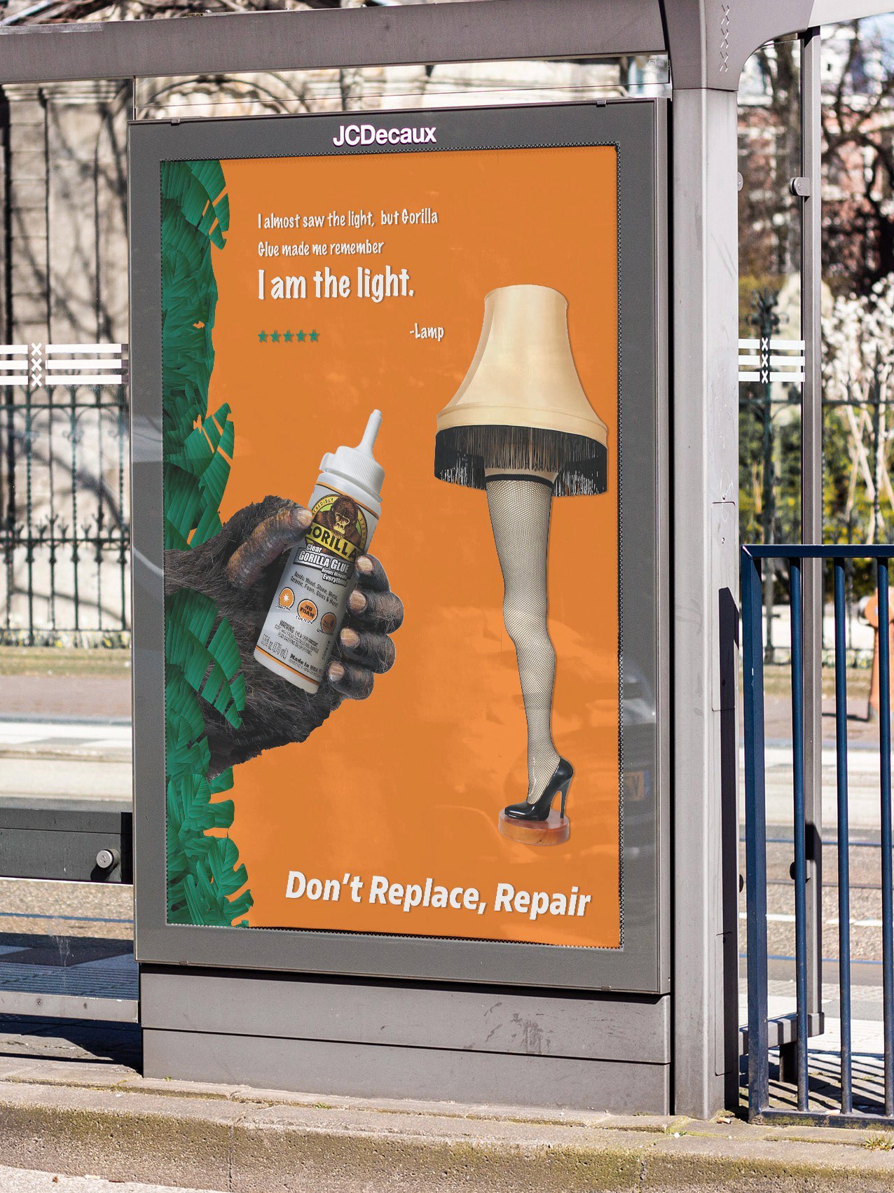 Copy: I almost saw the light, but Gorilla Glue made me remember I am the light. - Lamp