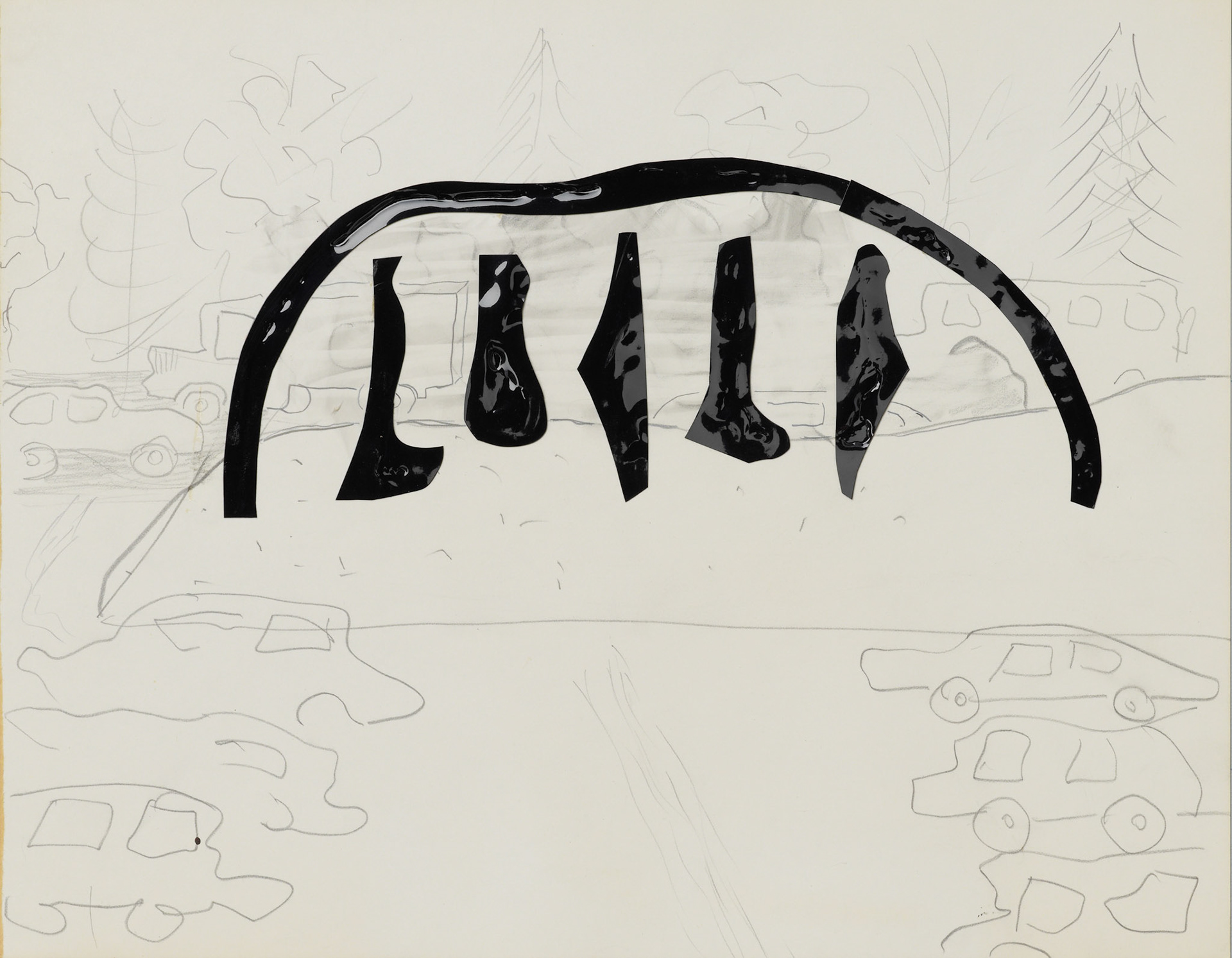 Kiki Kogelnik — Untitled (Objects on a hill) 1980 — Collage with sheet vinyl-cutouts and pencil on paper — 11 x 14 inches (28 x 36 cm)