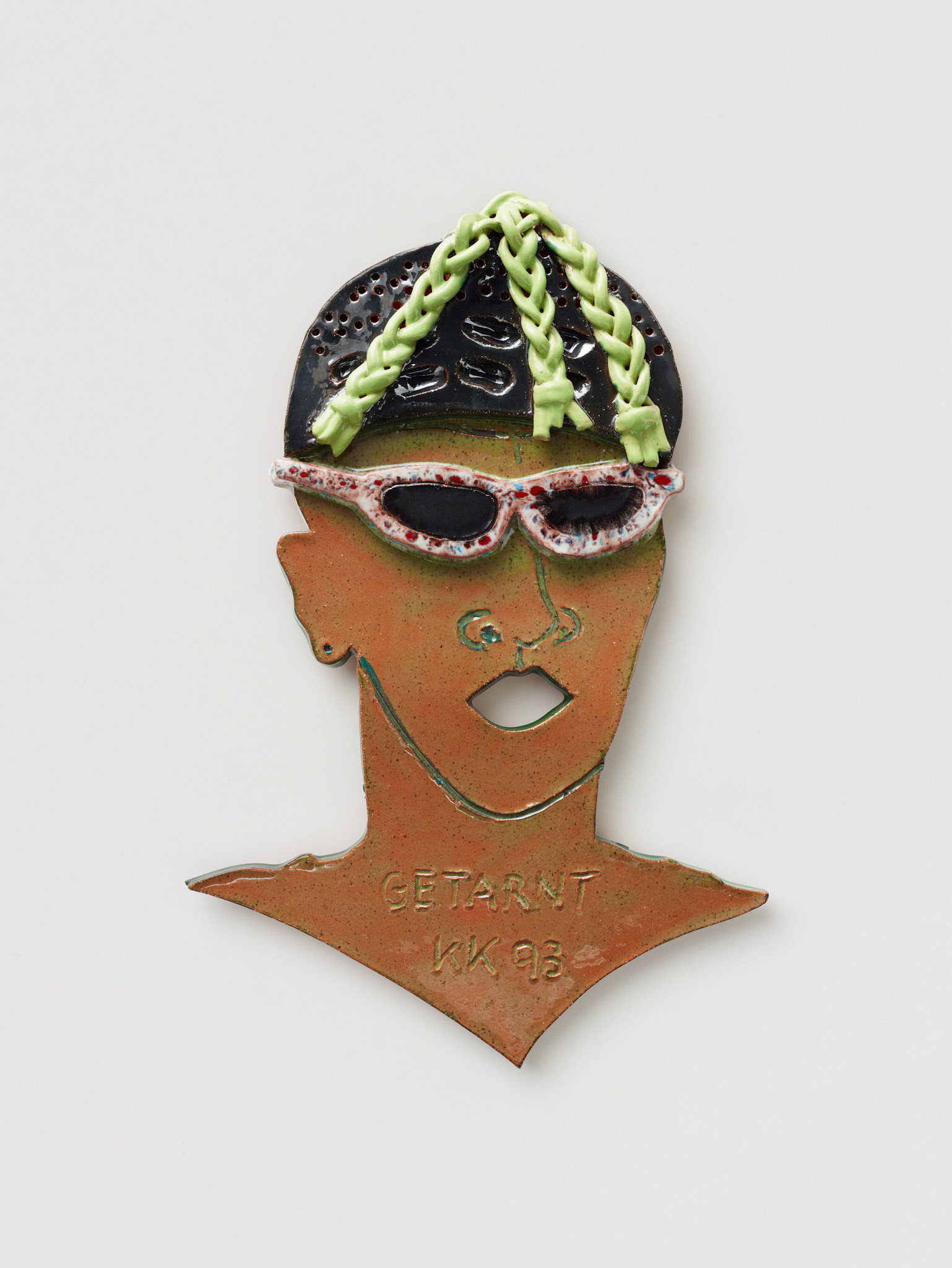 Kiki Kogelnik — Getarnt 1993 — Glazed ceramic — 15 x 10 1/4 x 3/8 inches (38 x 26 x 2 cm)