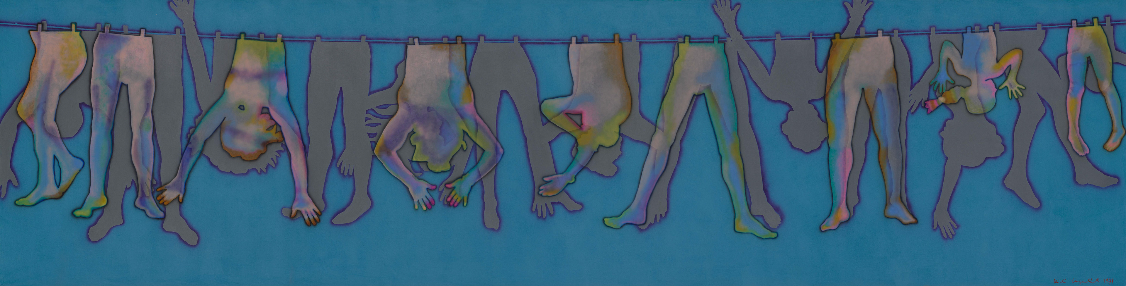 Kiki Kogelnik ! Friends 1971 — Oil and acrylic on canvas — 67 x 267 3/4 inches (170 x 680 cm)
