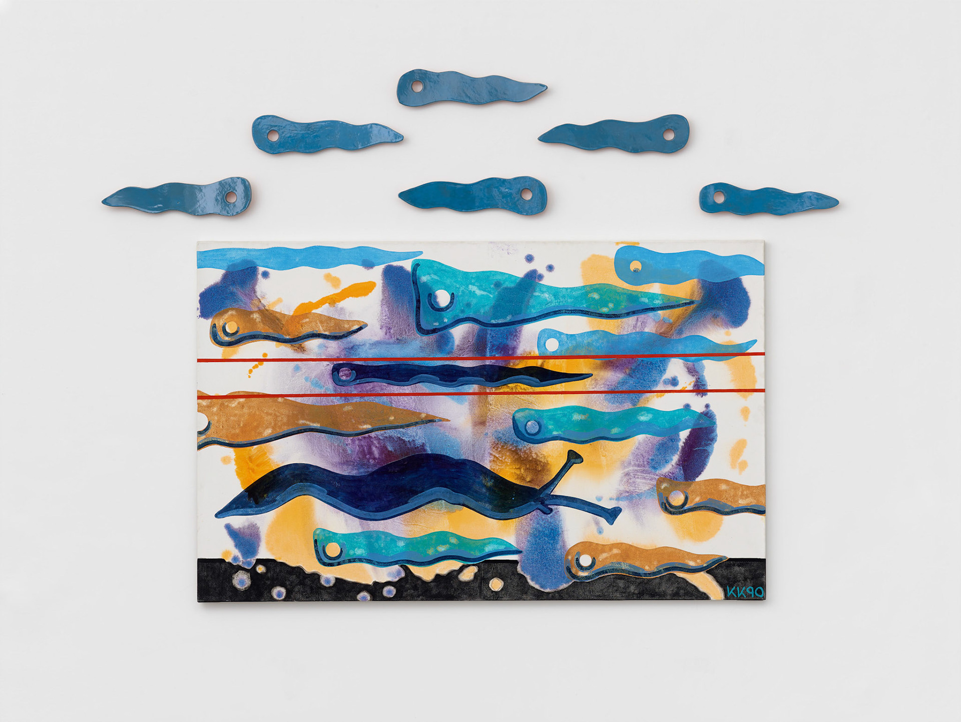 Kiki Kogelnik — Schneckenpost 1990 — Oil and acrylic on canvas and glazed ceramics — 47 1/4 x 74 7/8 inches (120 x 190 cm)