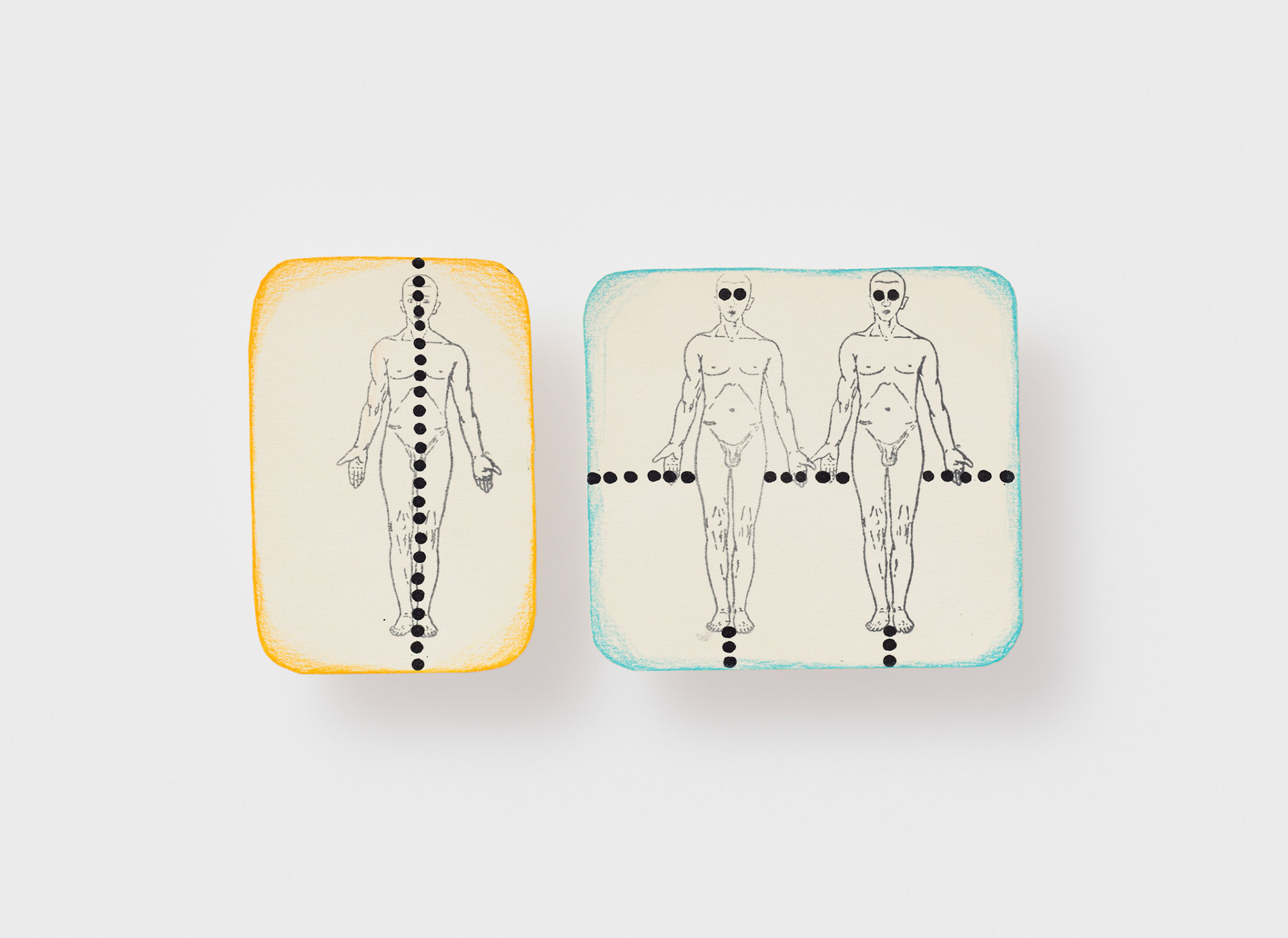 Kiki Kogelnik — Untitled (Robots) 1967 — Colored pencil and stamp on paper — 3 3/4 x 7 inches (10 x 18 cm)