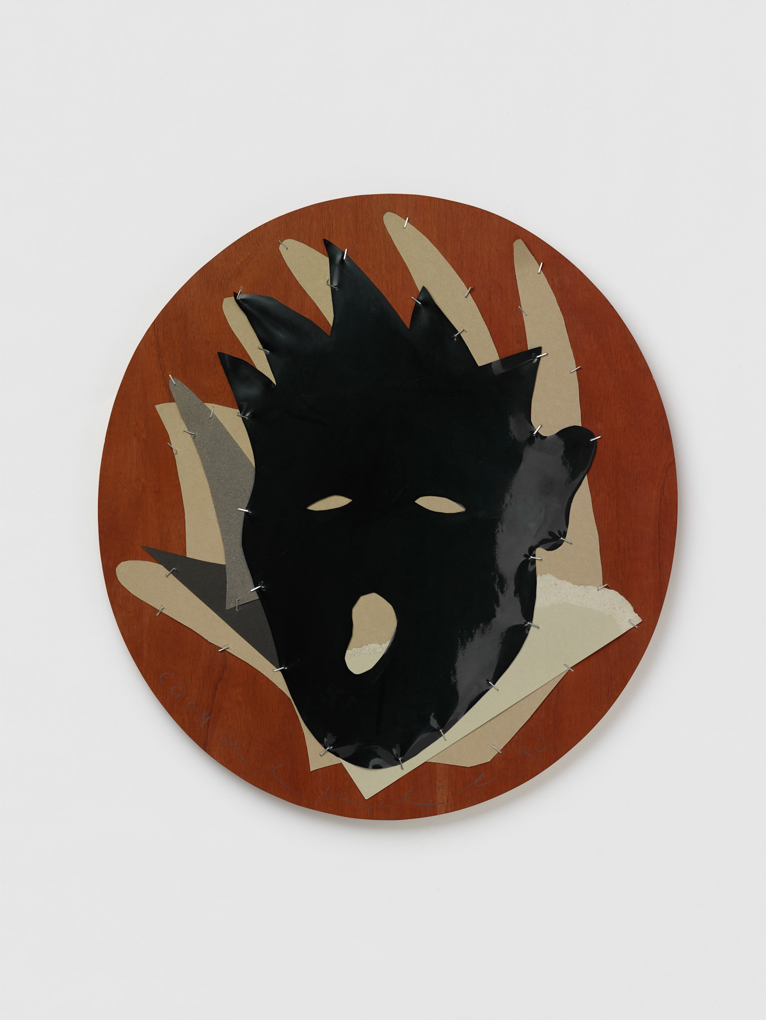 Kiki Kogelnik ! CG 09 1990 — Sheet vinyl-cutouts and paper on wood — 21 3/4 x 21 3/4 x 1 1/8 inches (55 x 55 x 3 cm)