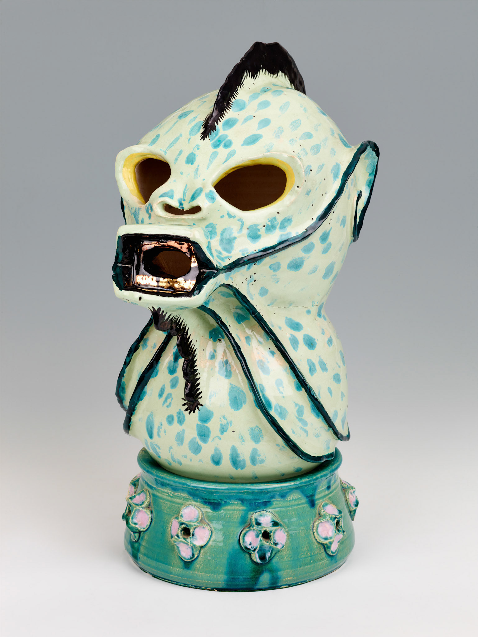 Kiki Kogelnik ! Gasmask 1974 — Glazed ceramic — 15 3/4 x 11 7/8 x 8 3/4 inches (40 x 30 x 22 cm)