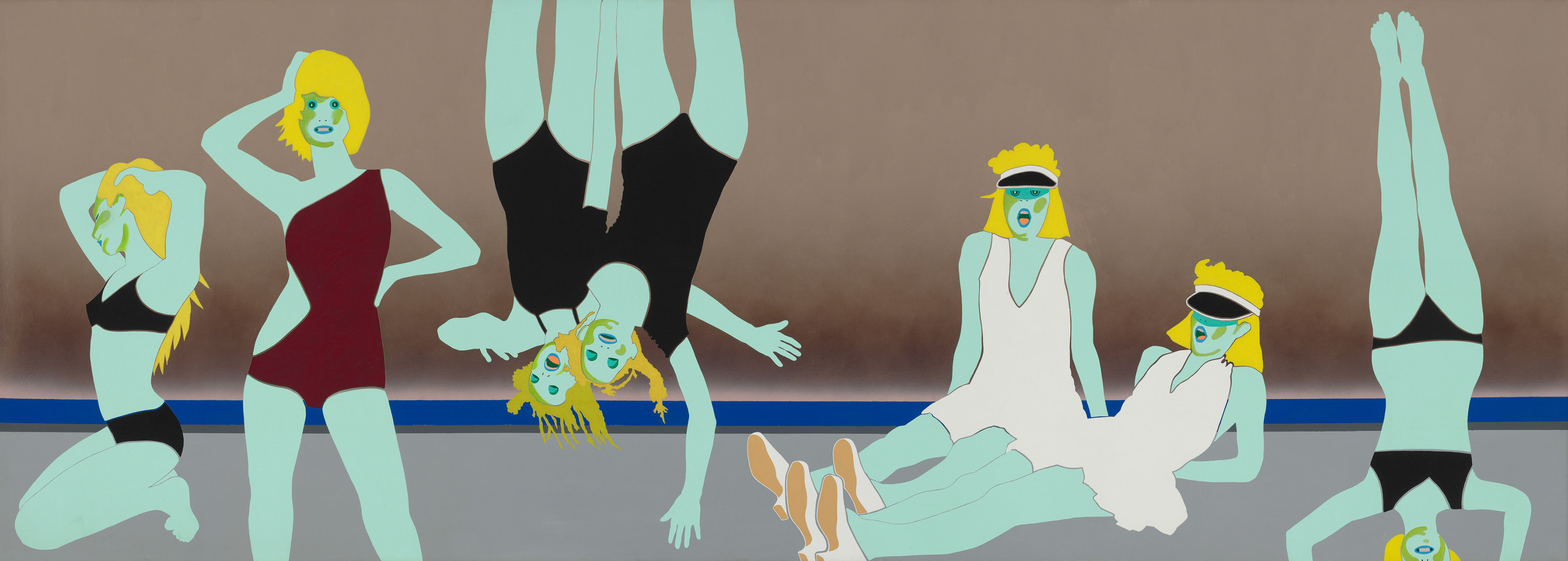Kiki Kogelnik ! On the beach 1973 — Acrylic on canvas — 68 1/2 x 191 3/4 inches (174 x 487 cm)