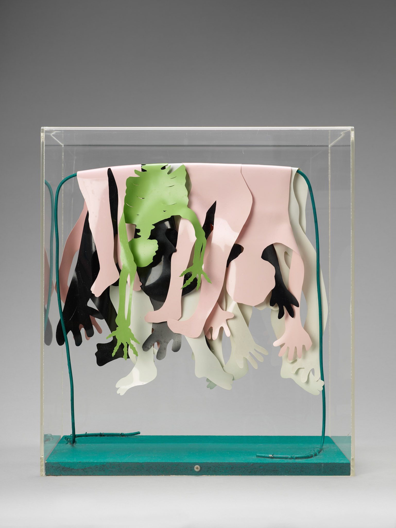 Kiki Kogelnik ! Untitled (Small hanging) 1968 — Sheet vinyl-cutouts and wire on painted wood, Plexiglas — 16 1/2 x 9 x 15 1/2 inches (42 x 23 x 37 cm)