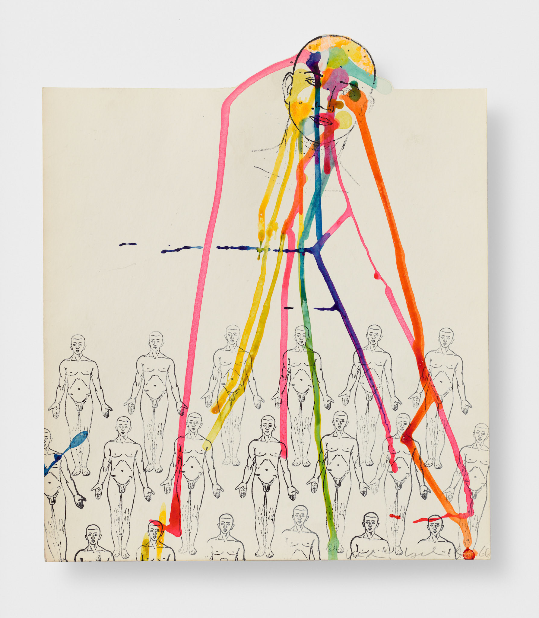 Kiki Kogelnik ! Robots 1966–1967 — Flourescent ink and ink on paper — 13 3/8 x 11 inches (34 x 28 cm)