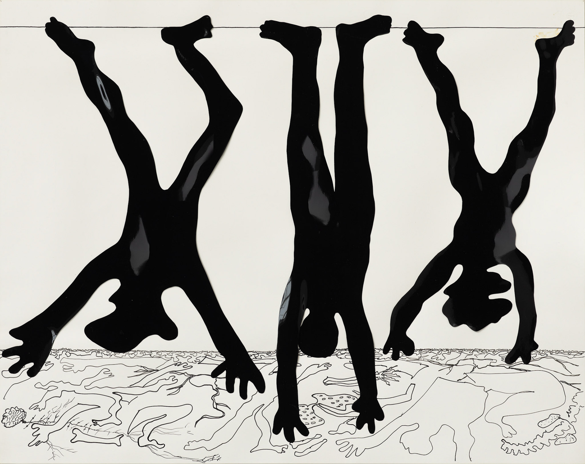 Kiki Kogelnik — Untitled (Hangings) 1970 — Collage with sheet vinyl-cutouts and ink on paper — 22 7/8 x 29 1/4 inches (58 x 74 cm)