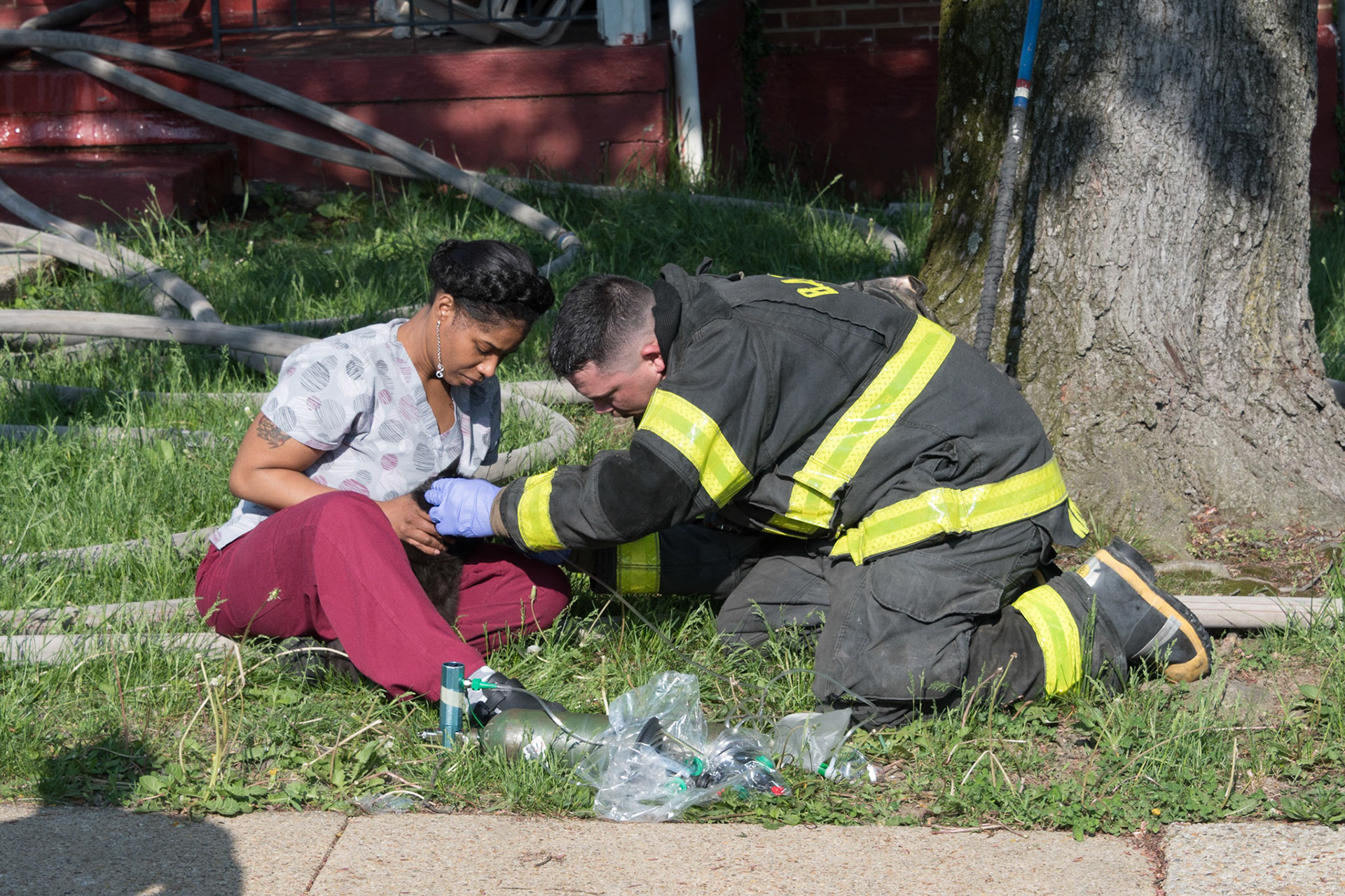 Box 53-21, 1001 Lyndhurst St, occupied rowhouse, fire basement and first floor. May 7, 2018; cat resuscitated