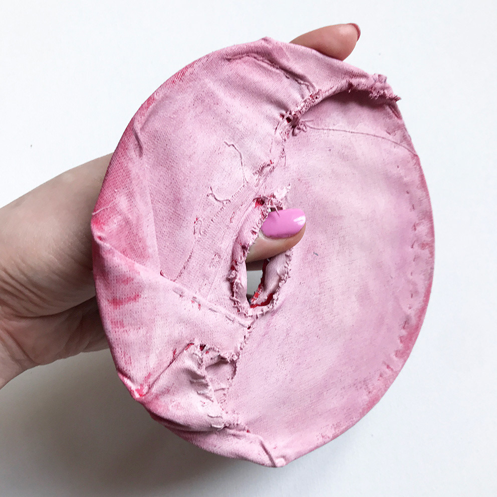 'Untitled', 2022, metal filling, fabric, paint, 16 x 15 x 1 cm, unique