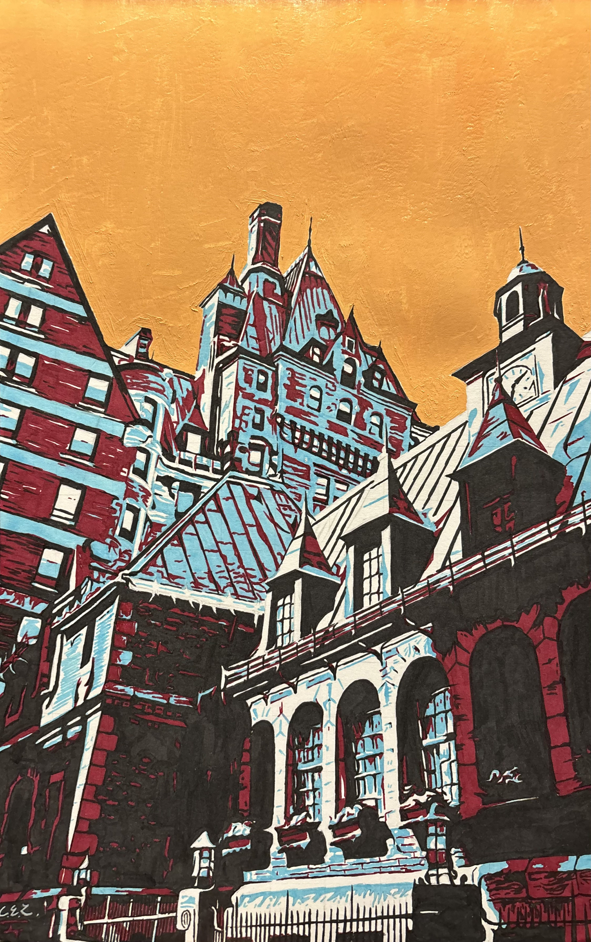 A stylized drawing of Chateau Champlain in Montreal (Spring, 2024).