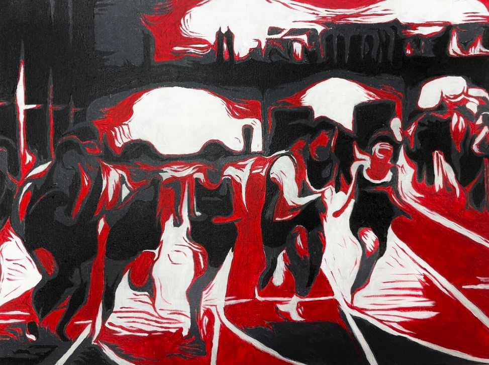 A stylized acrylic painting of track athletes (Spring 2023).