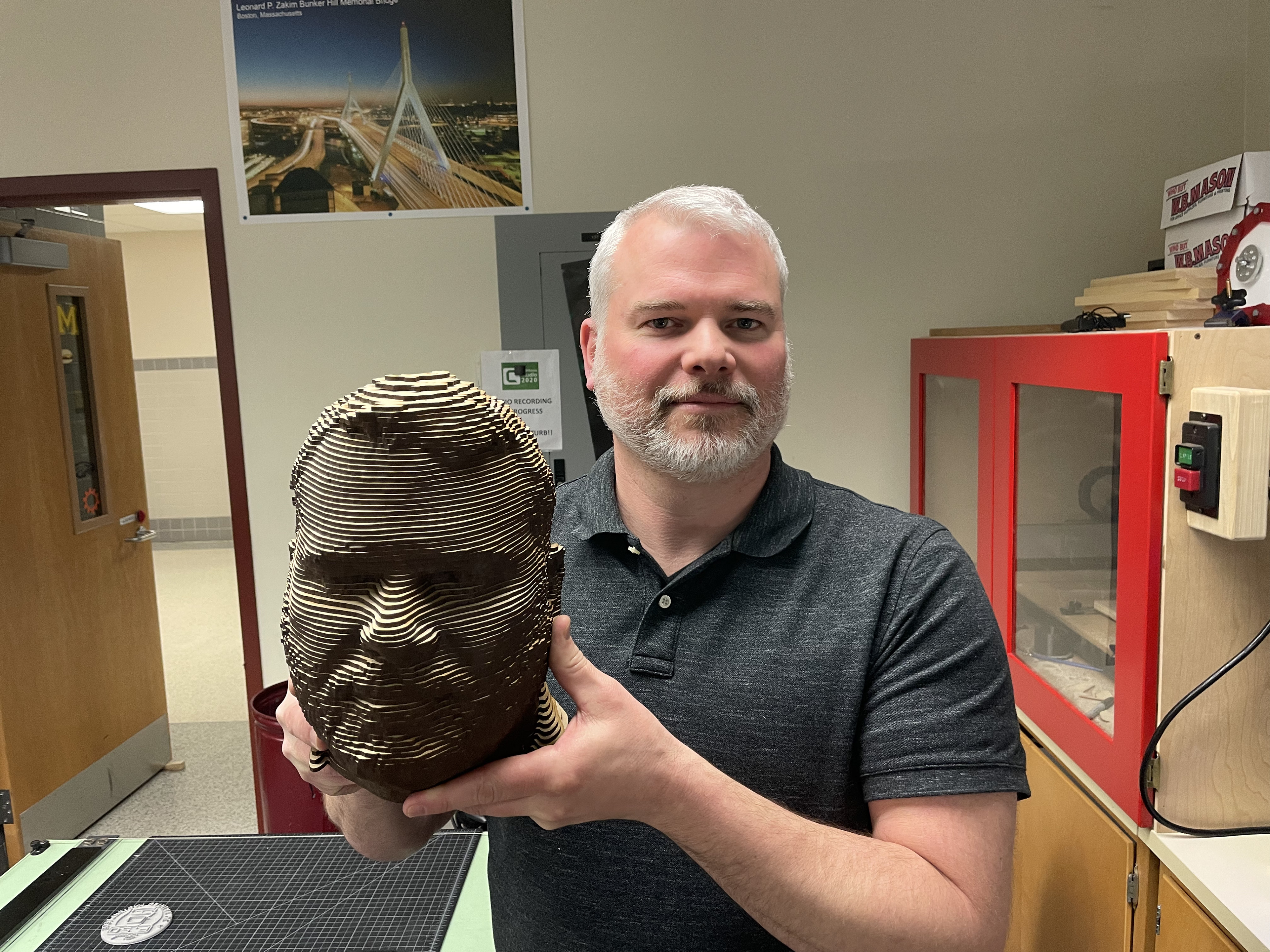 LIDAR and laser cut layers allowed me to assemble my teacher's head (Spring 2023).